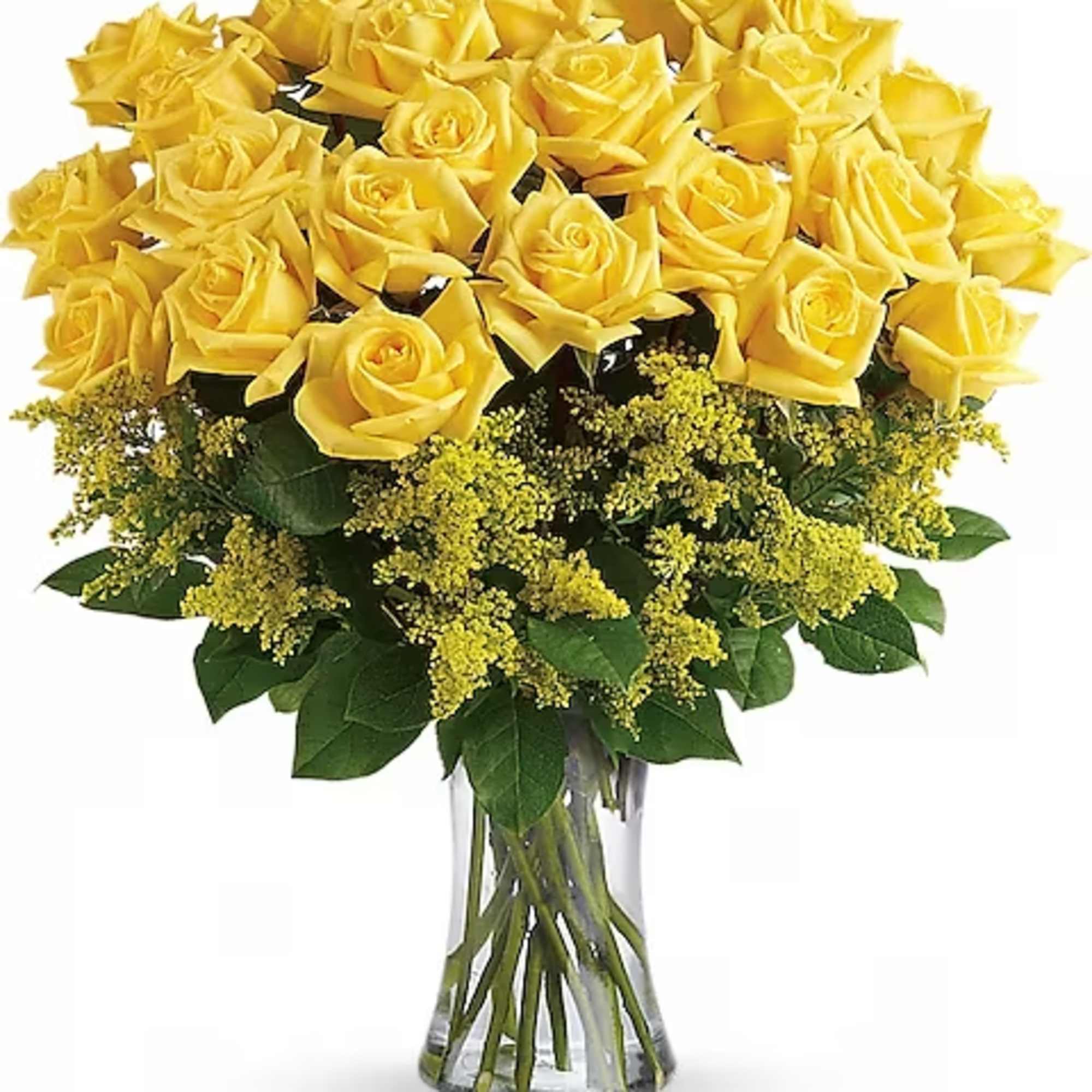 Yellow roses symbolize friendship, and sending this sunny bouquet of bright yellow