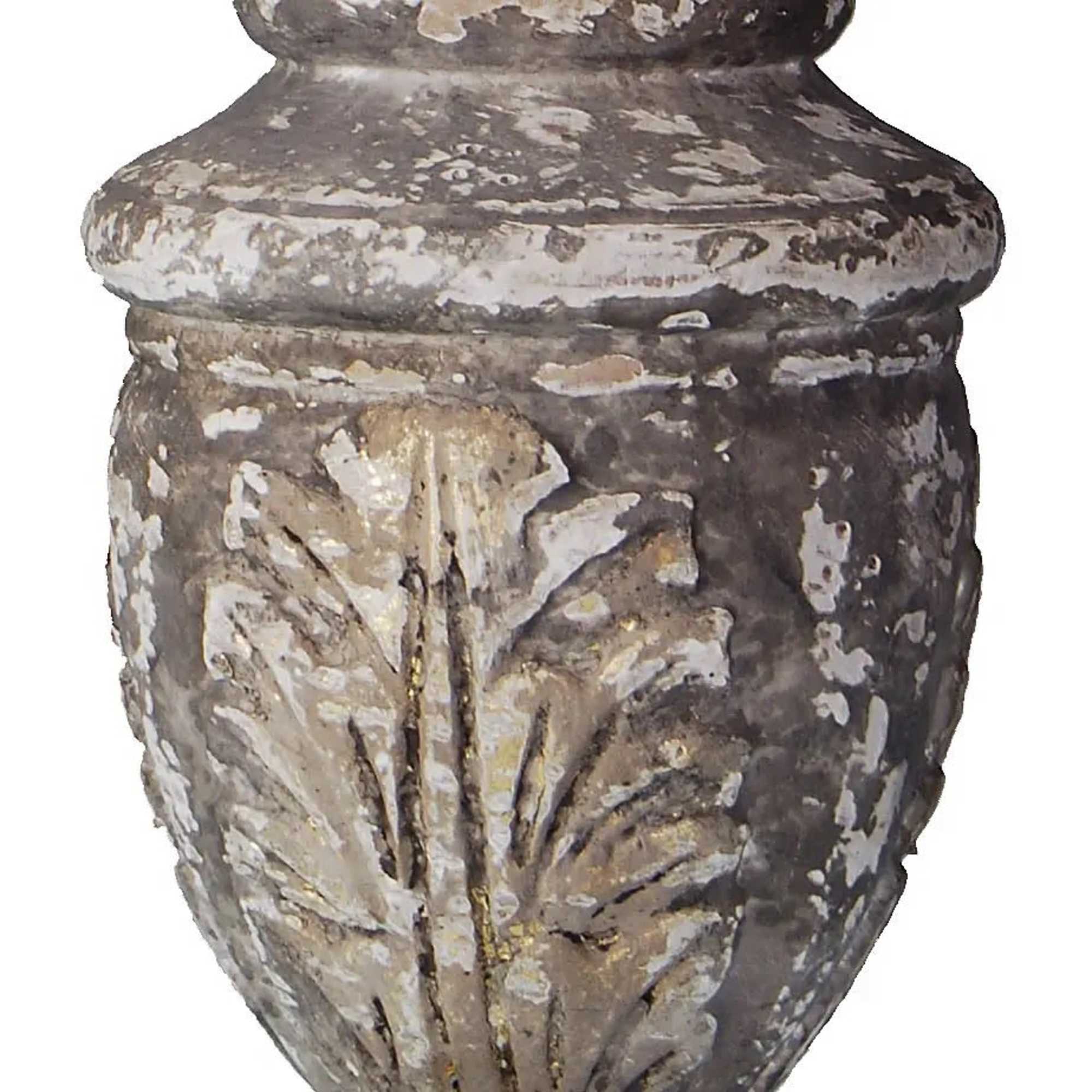 Distressed stone urn with carved leaf motif and weathered finish
