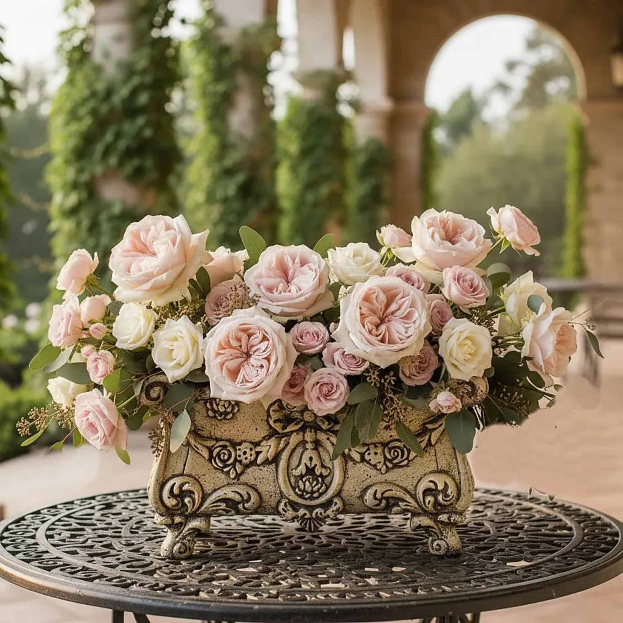 Molded Fiberglass Antique Reproduction Planter with Distressed Cream Finish
Dimensions: 15.5 x 9