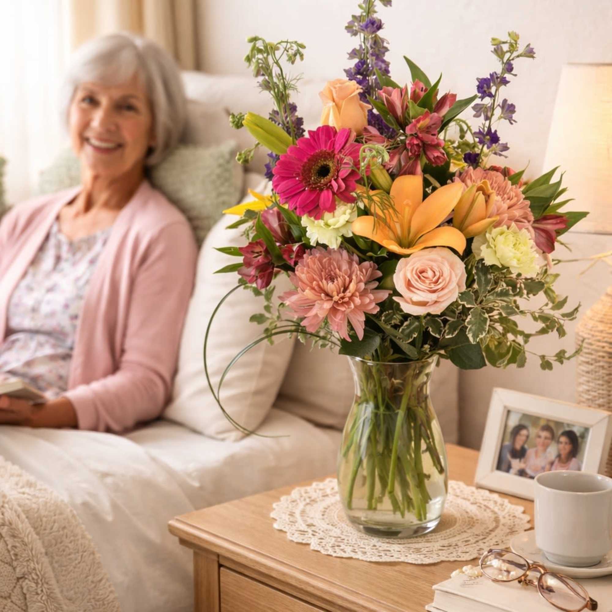 Bright mixed bouquet with lilies, roses, gerbera daisies, and mums in a clear glass vase on a bedside table