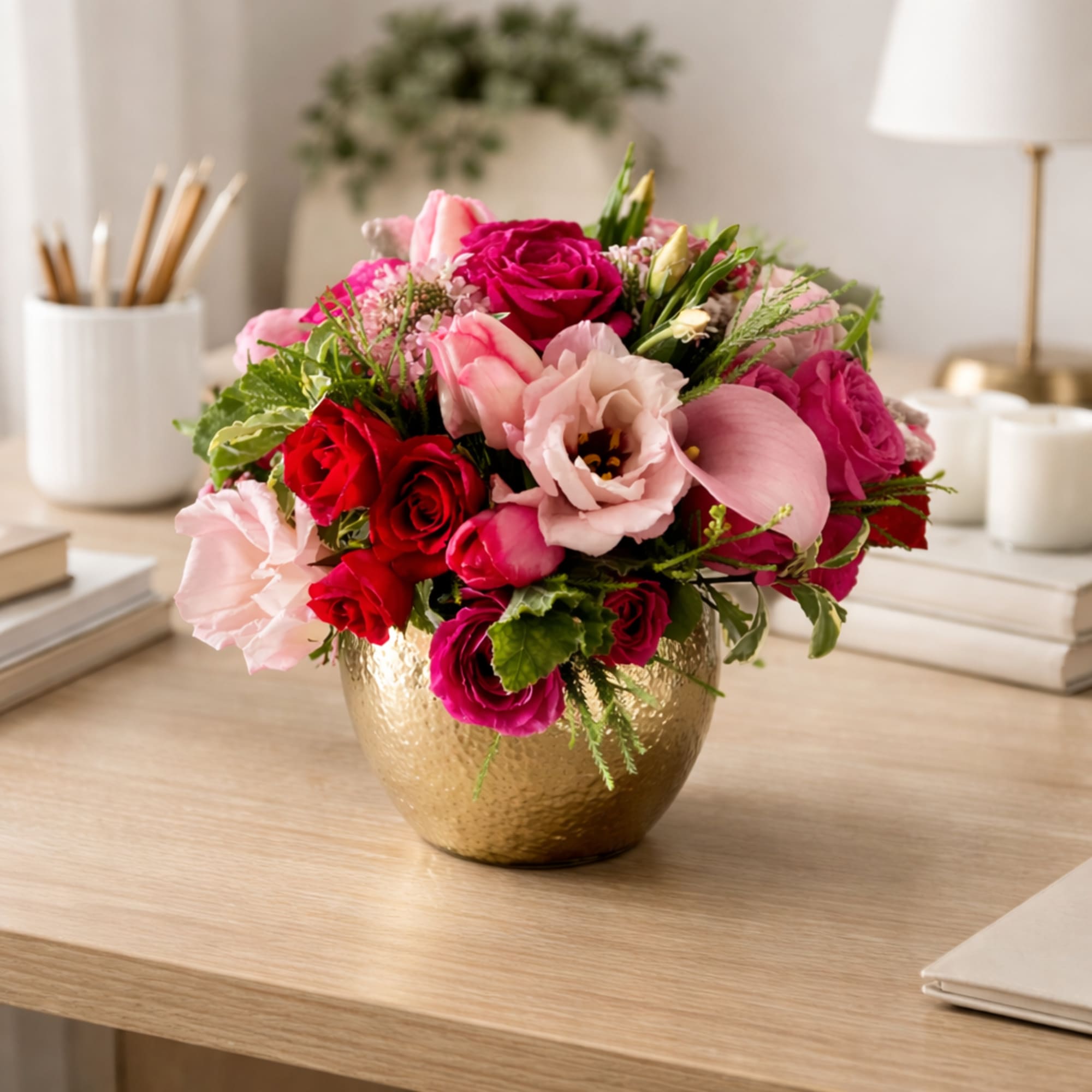 Elegant Blush &amp; Berry Desk Arrangement

Bring warmth, inspiration, and refined beauty to