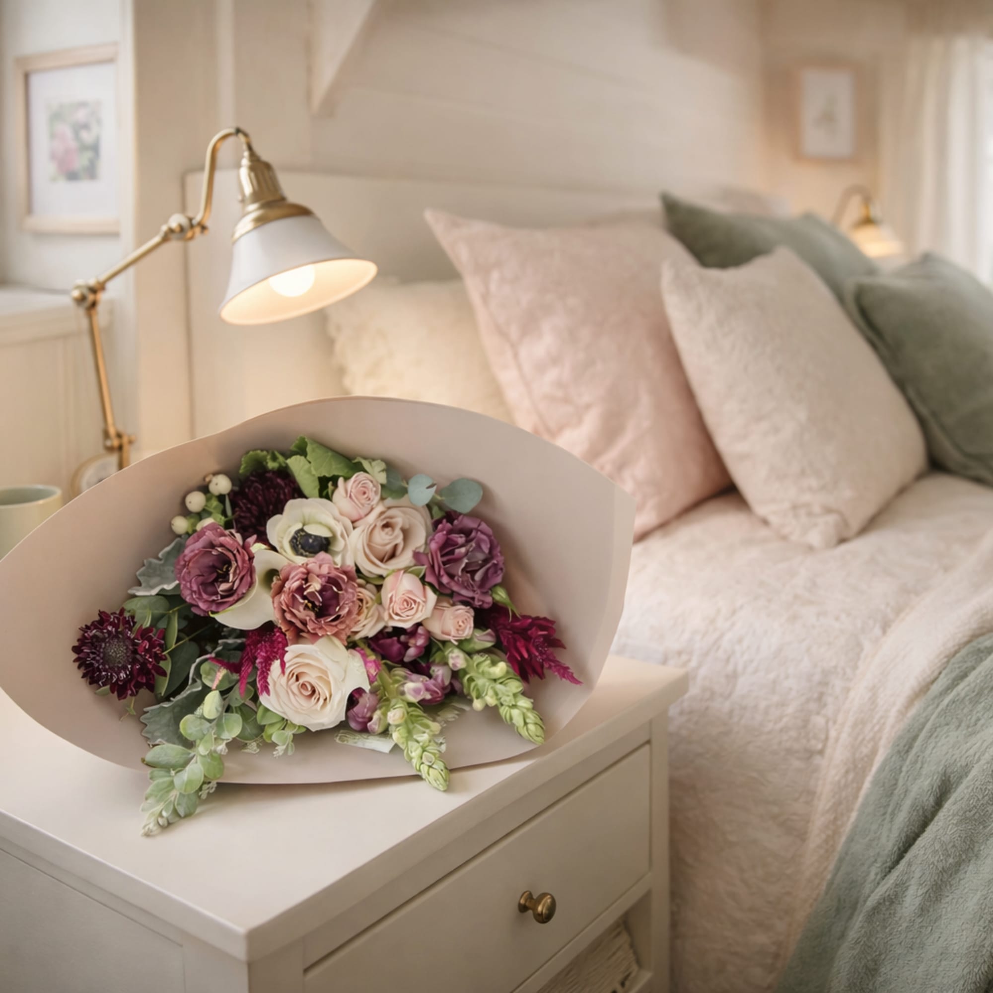 Bouquet of pink, white, and purple flowers wrapped in paper on a bedside table
