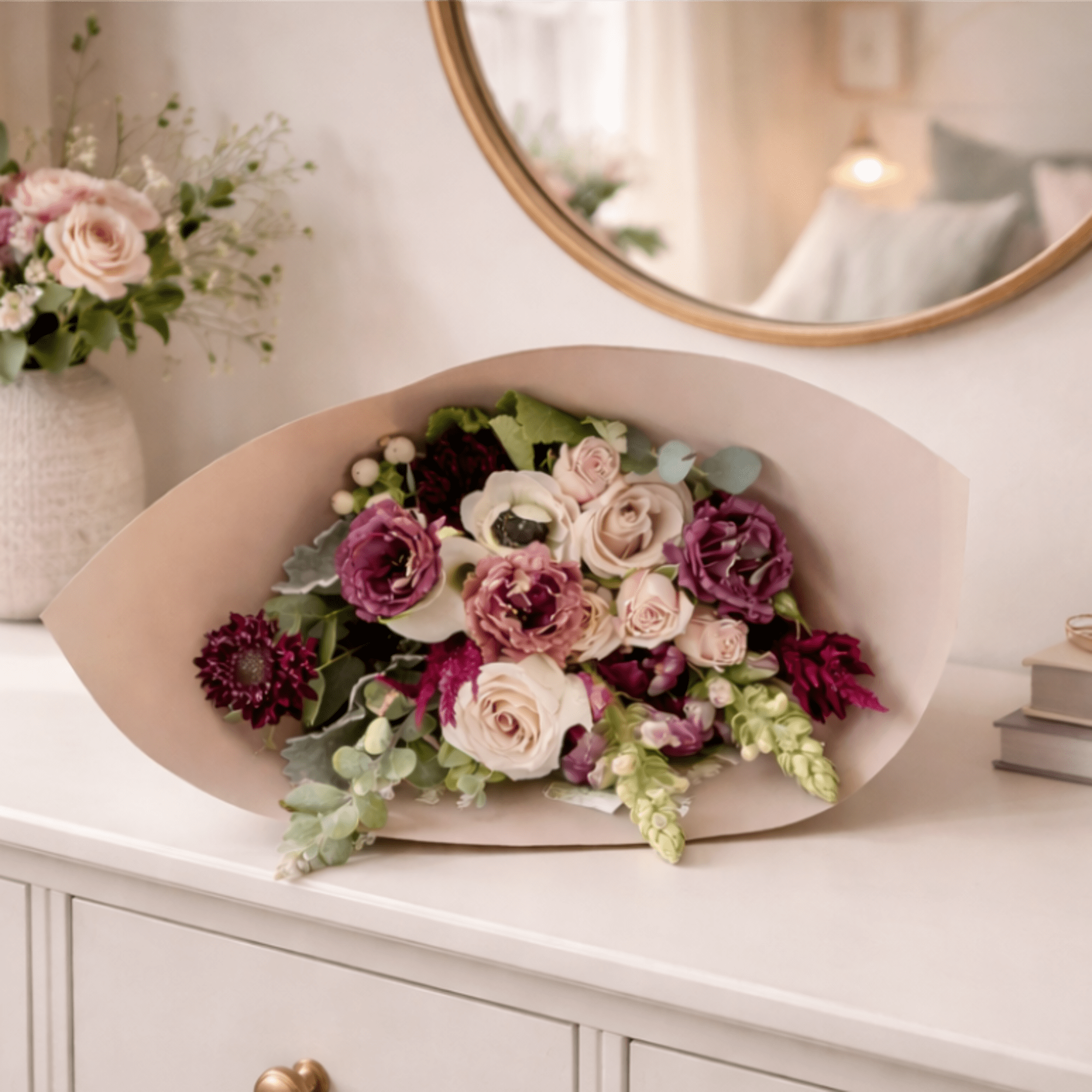 Our Giada Wrapped bouquet is a mixed of contrasting colors of creams