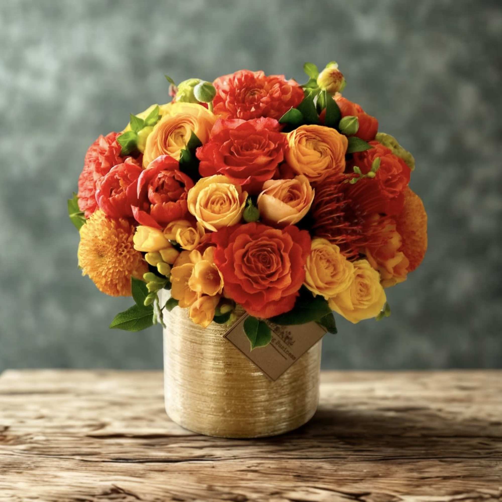 Round bouquet of orange and yellow flowers in a gold vase