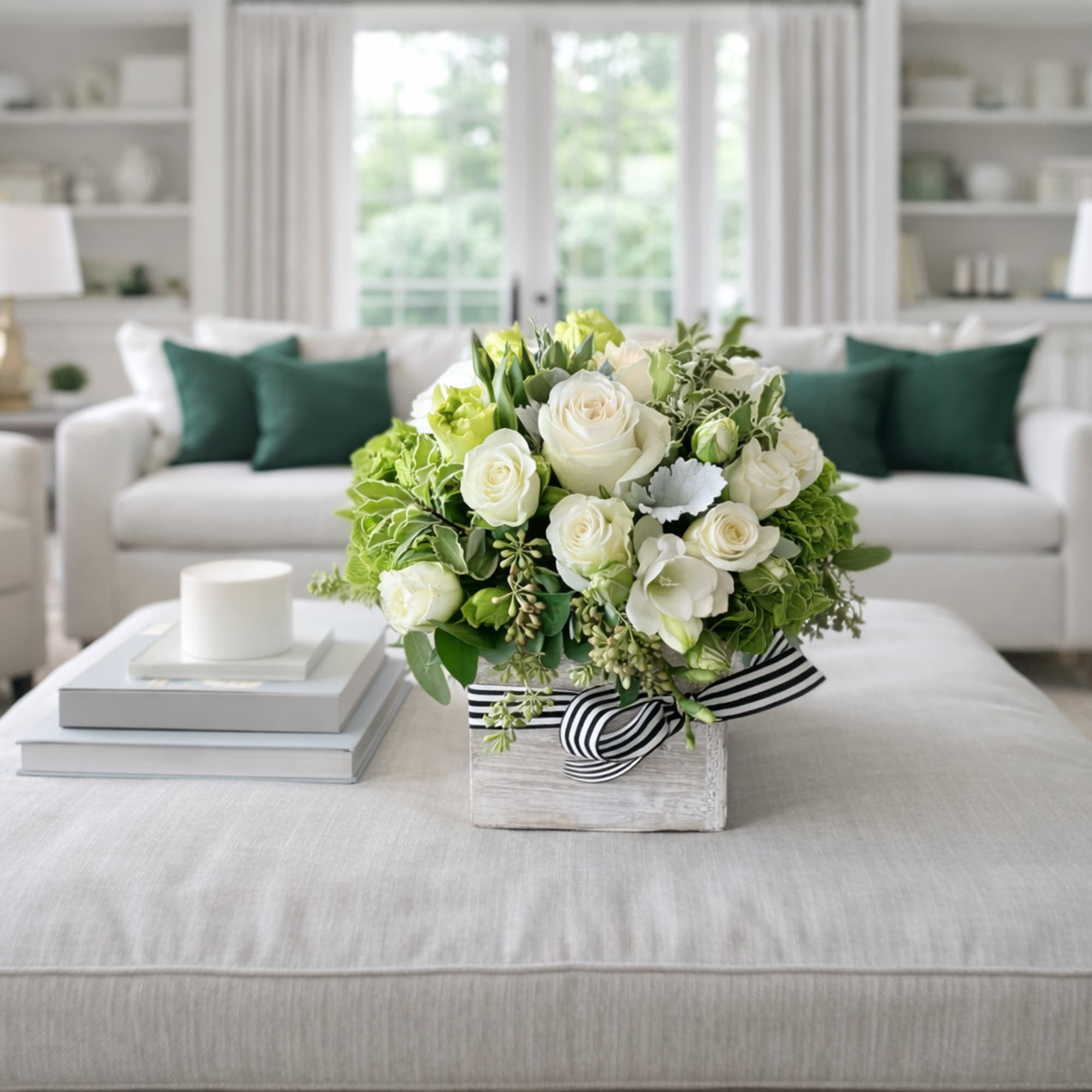 White and green rose arrangement in a striped ribbon-tied box