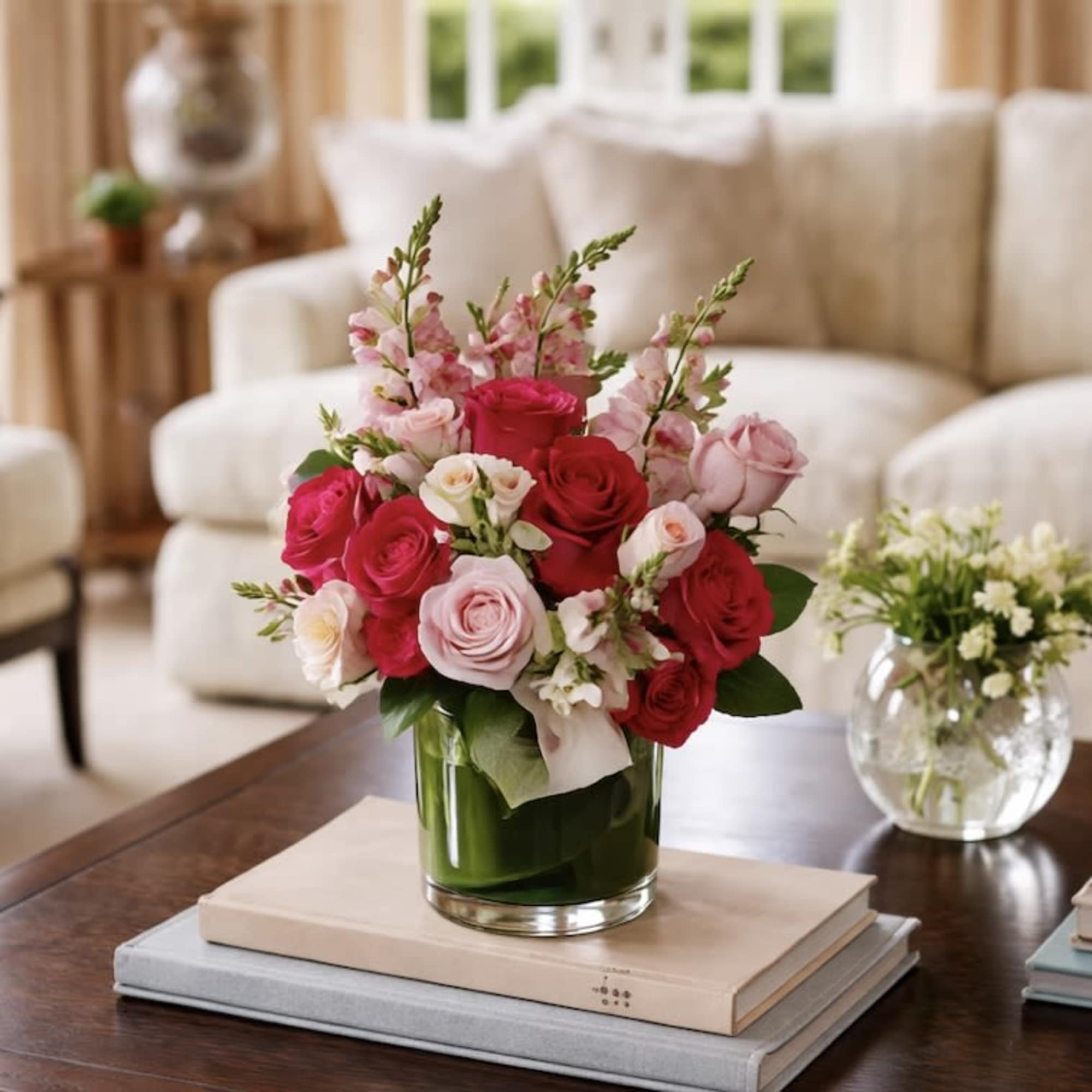 Pink and red roses arranged in a glass vase on a table