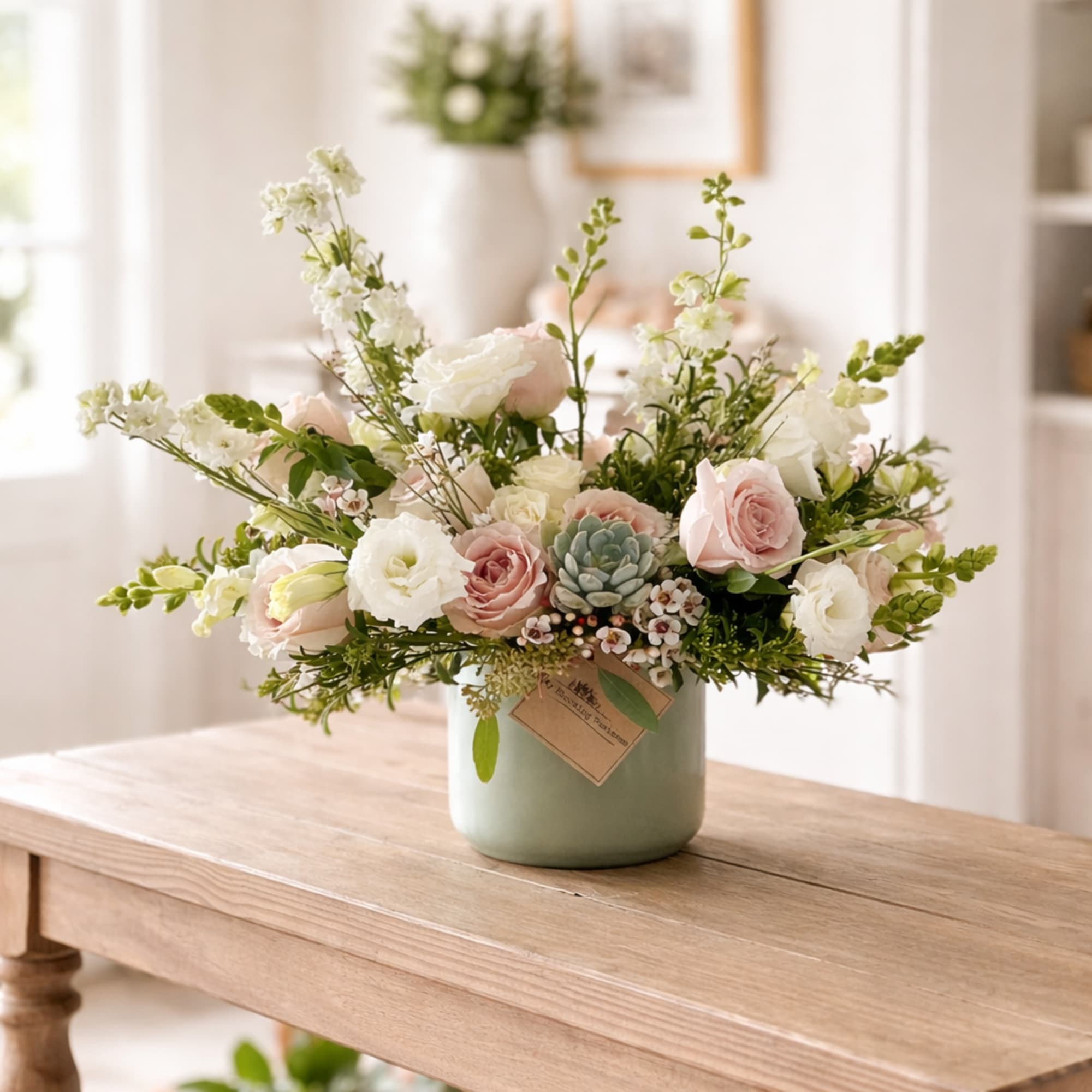 Pastel flower arrangement in a pale green vase on a wooden table
