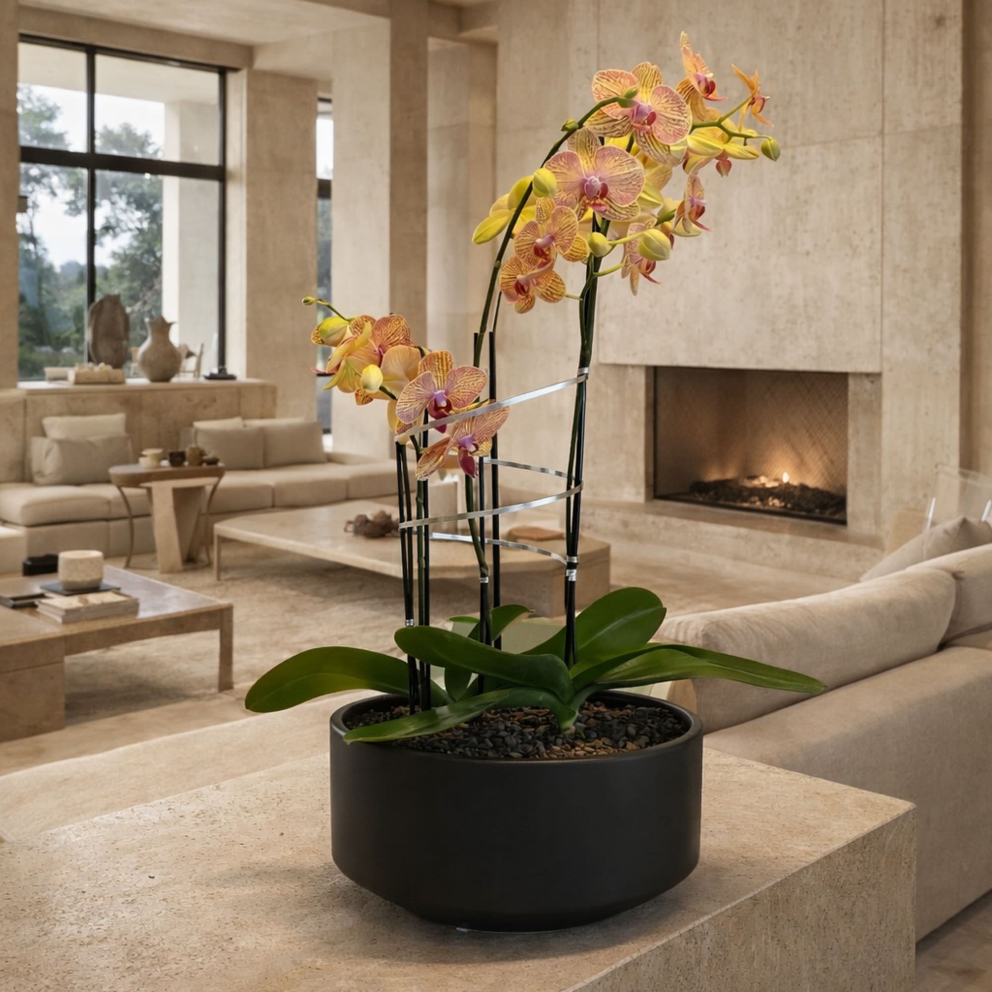 This elegant Double Peach Phalaenopsis Cascade orchid arrangement creates a striking vertical