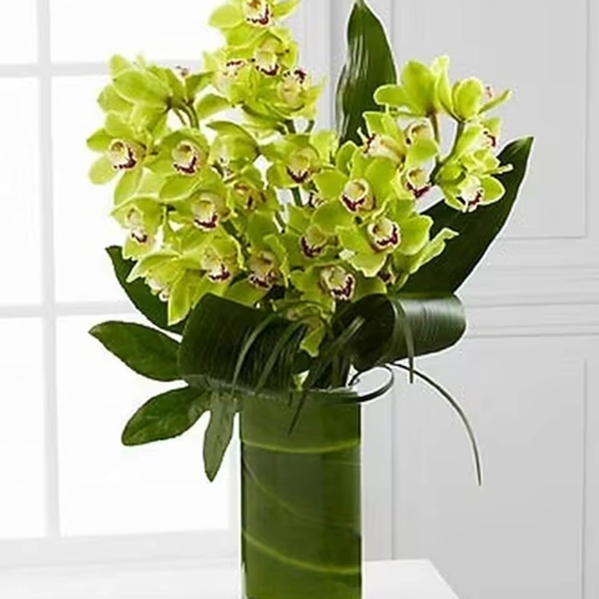 A spectacle of beauty and fresh color, this bouquet of cymbidium orchids