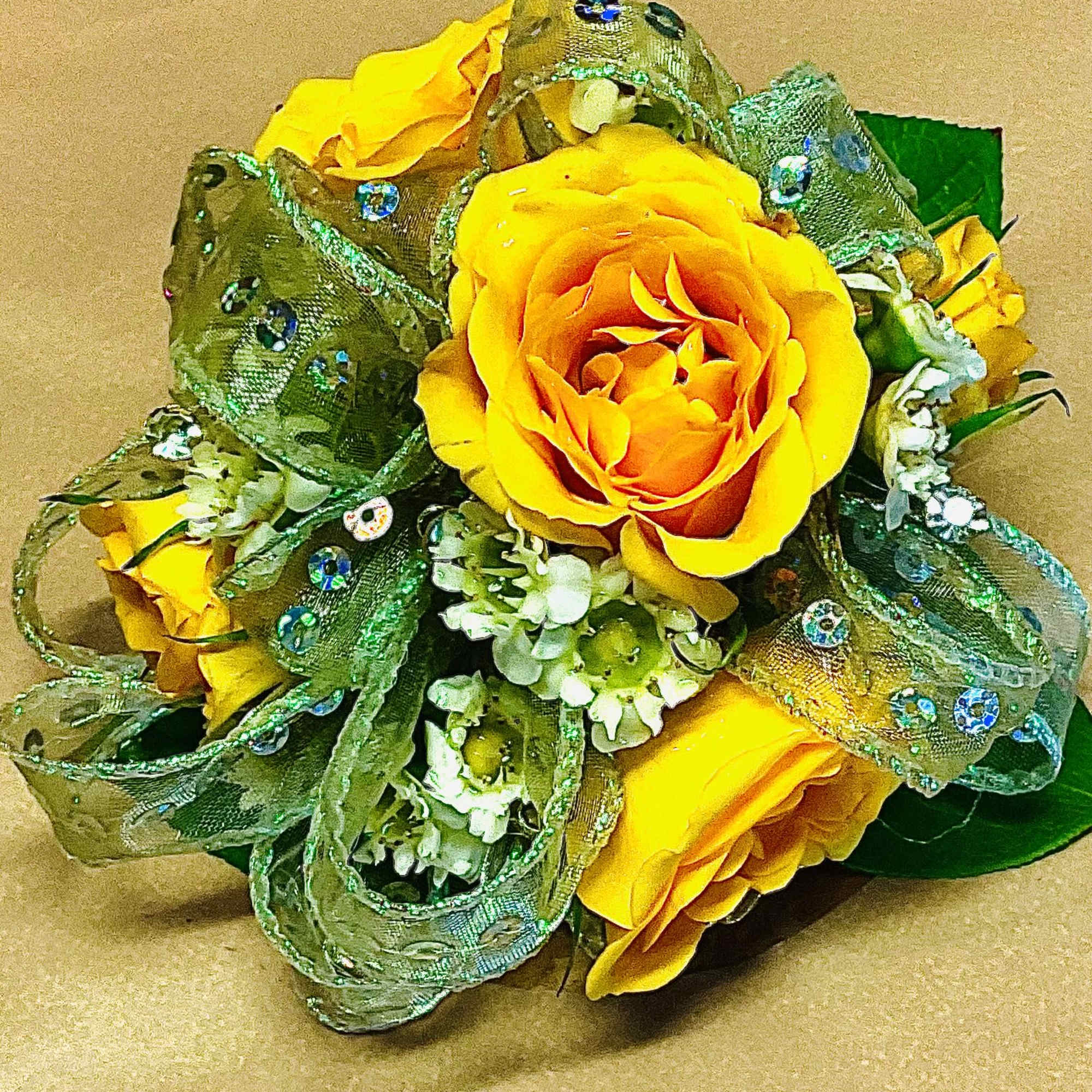 Yellow rose bouquet with green jeweled mesh ribbon
