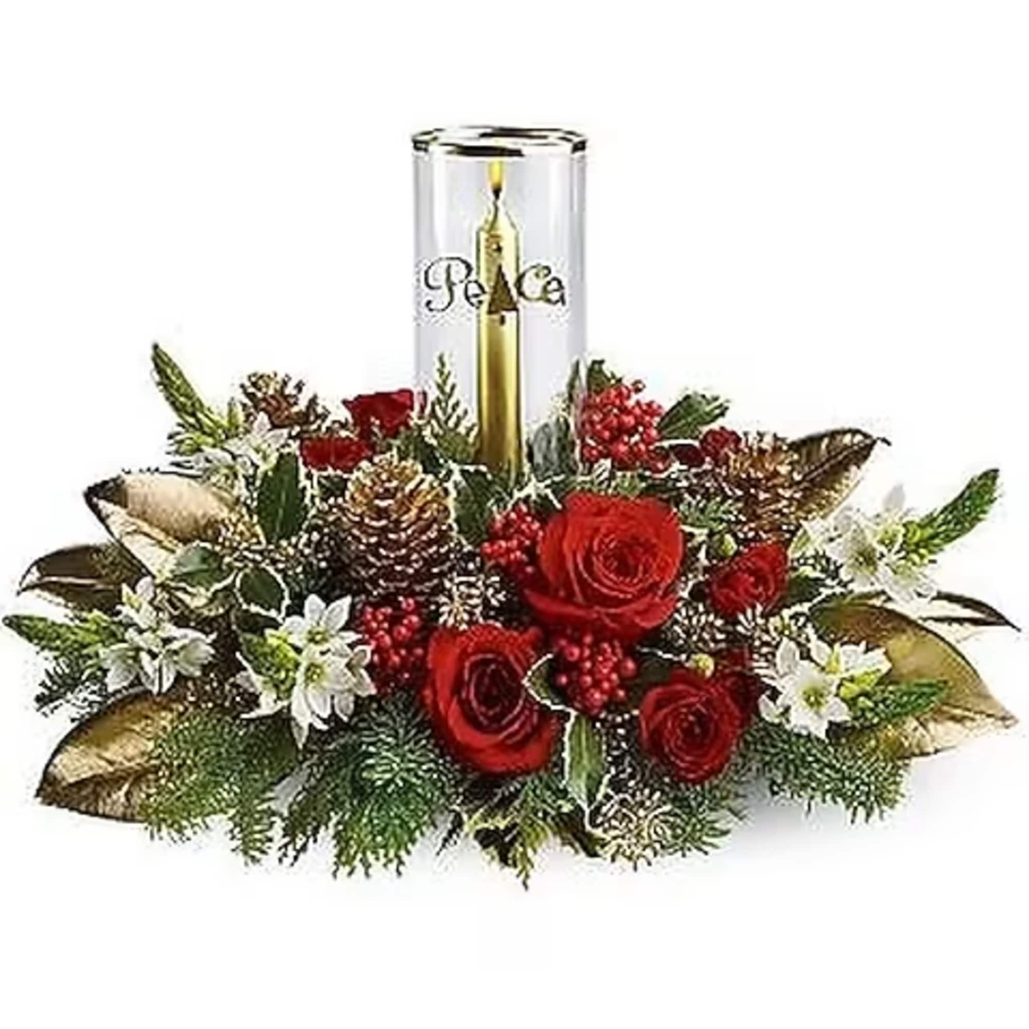 A lovely inspirational gift, this beautiful hurricane lamp surrounded with lush holiday