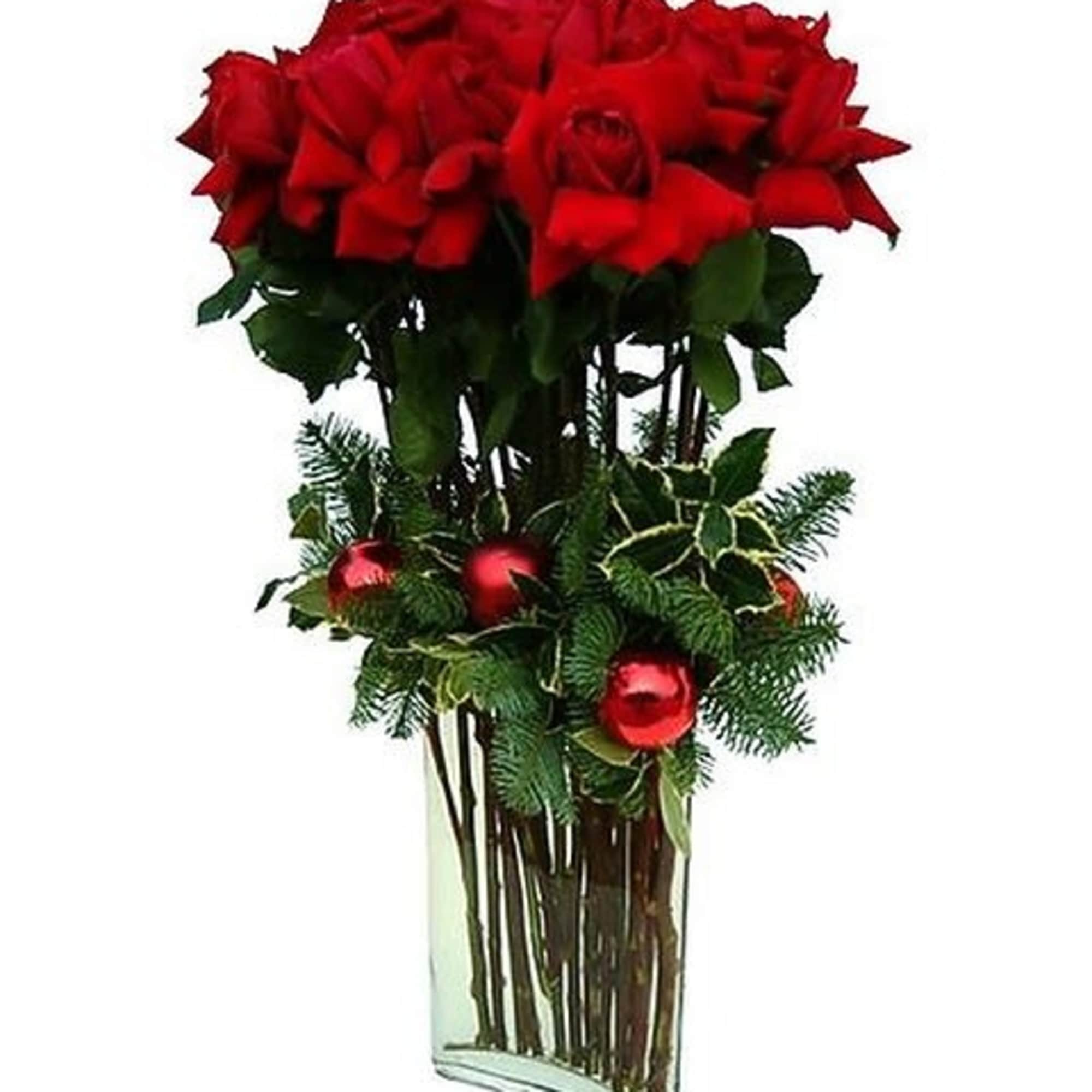 A classic display of a dozen red roses arranged especially for the