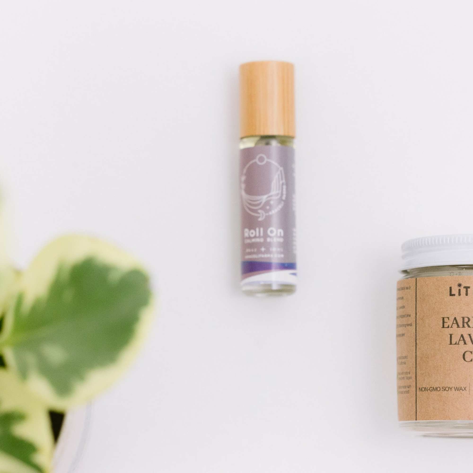 Potted plant beside a roll-on bottle and a lavender creme candle