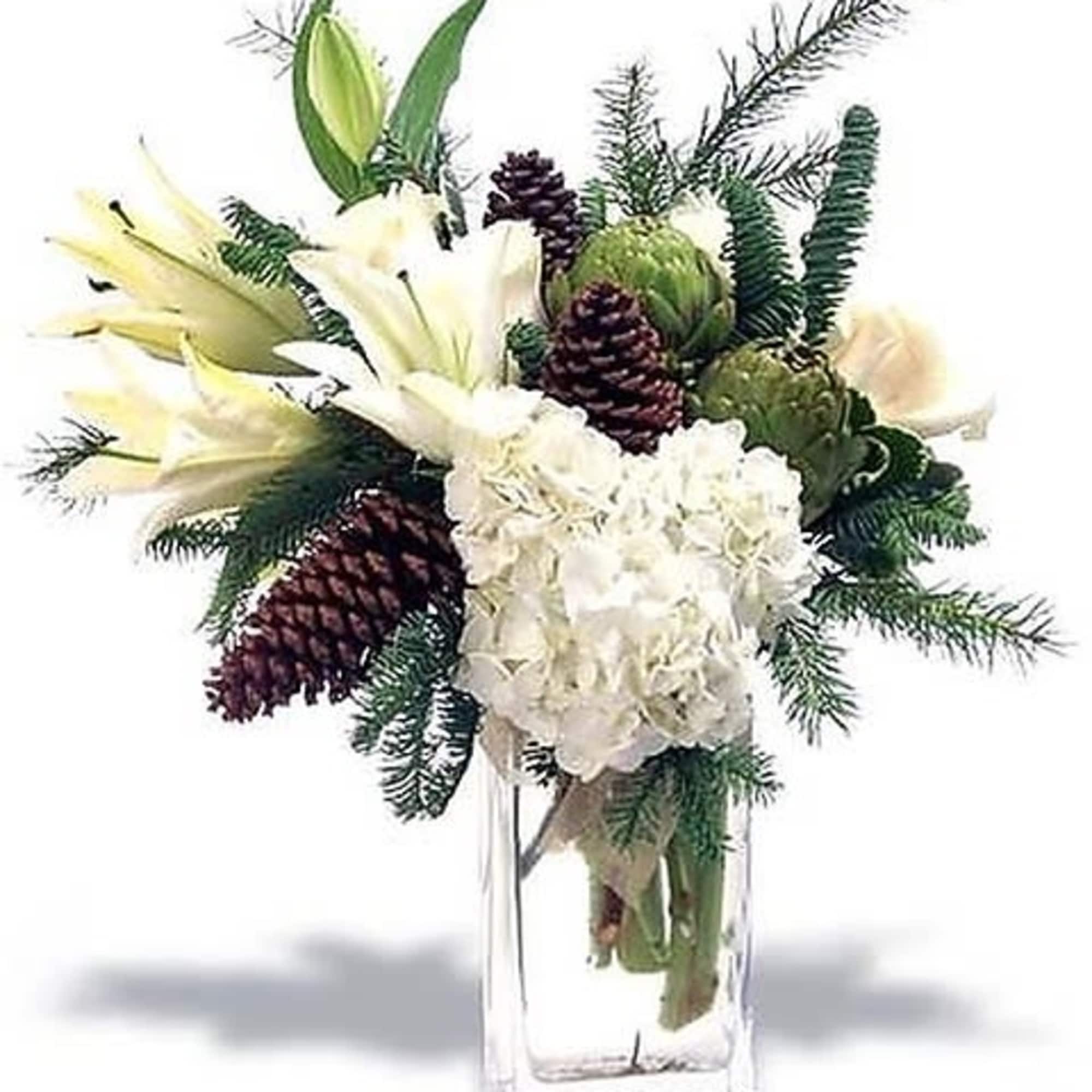 This lush wintry arrangement is the perfect thing to bring the feeling