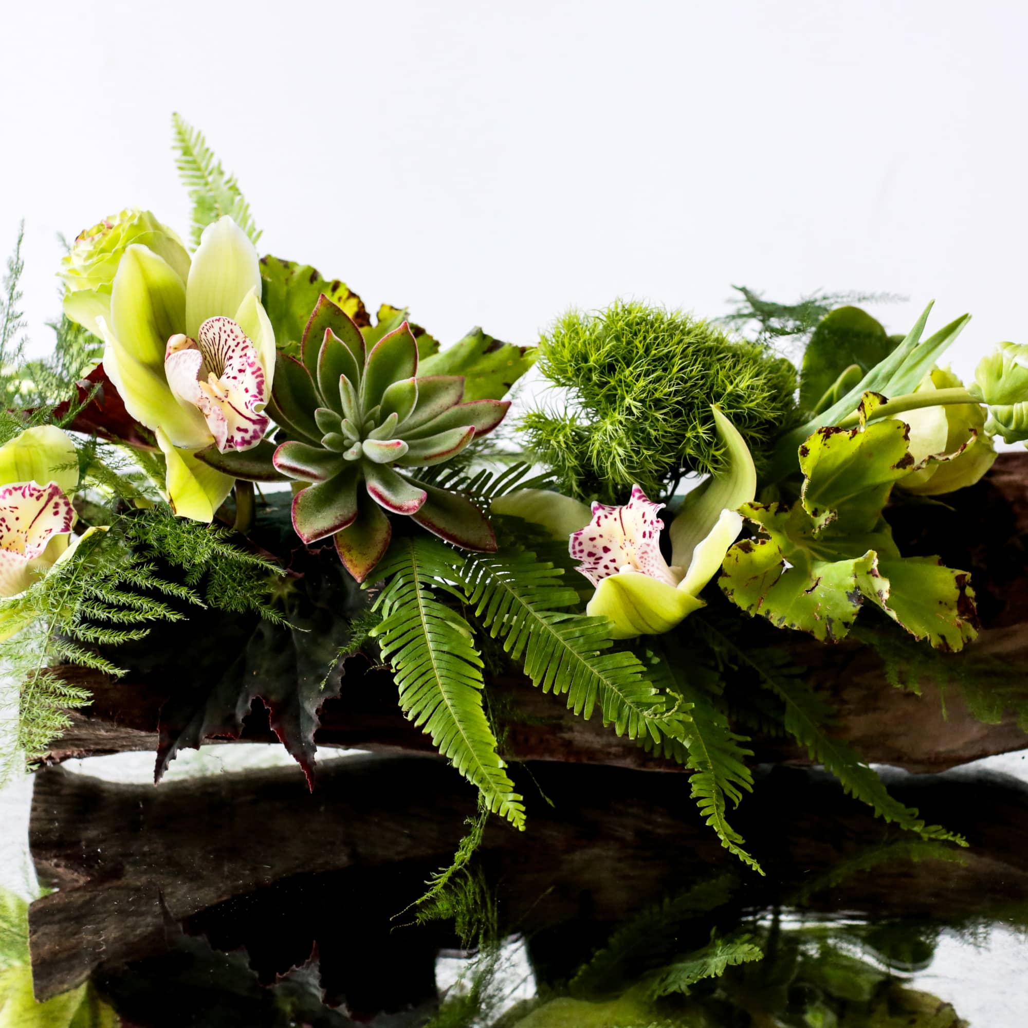 Succulent and orchid arrangement in a wooden container