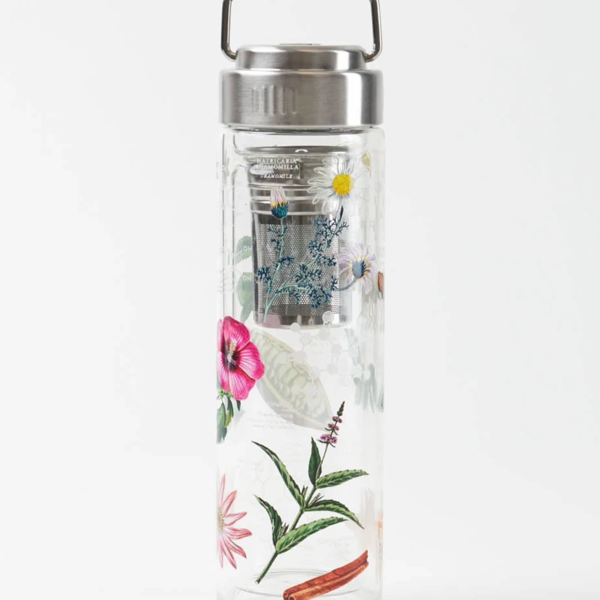 Clear glass water bottle with a metal lid and floral print