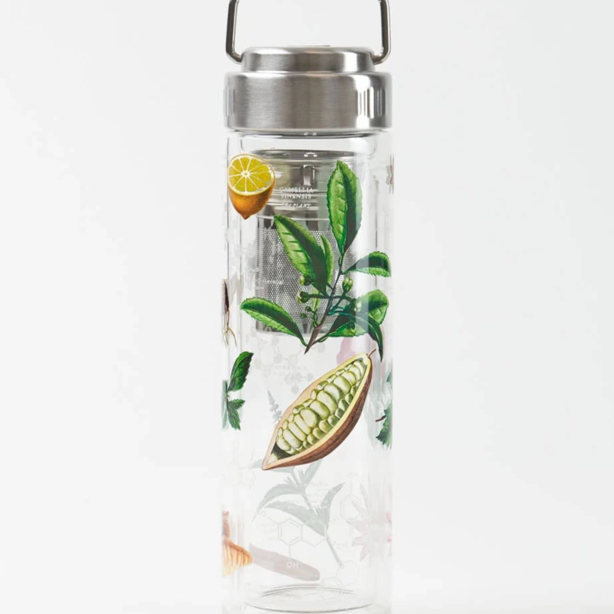 Clear glass water bottle with a metal lid and botanical fruit print