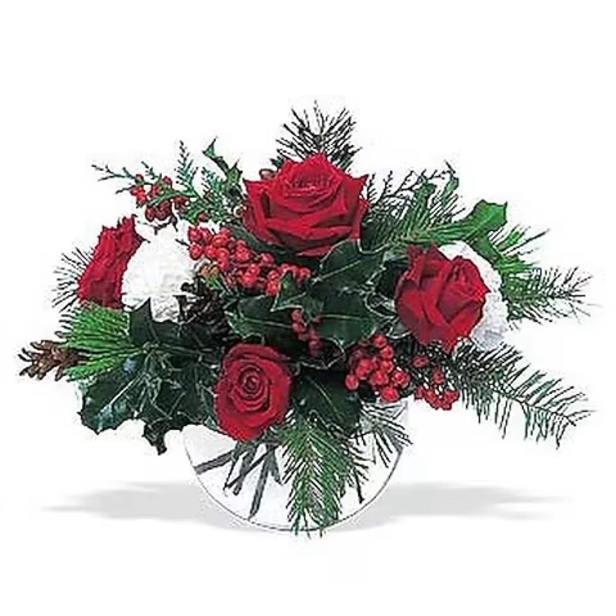 An elegant rose bowl, filled with festive flowers and foliage, makes this