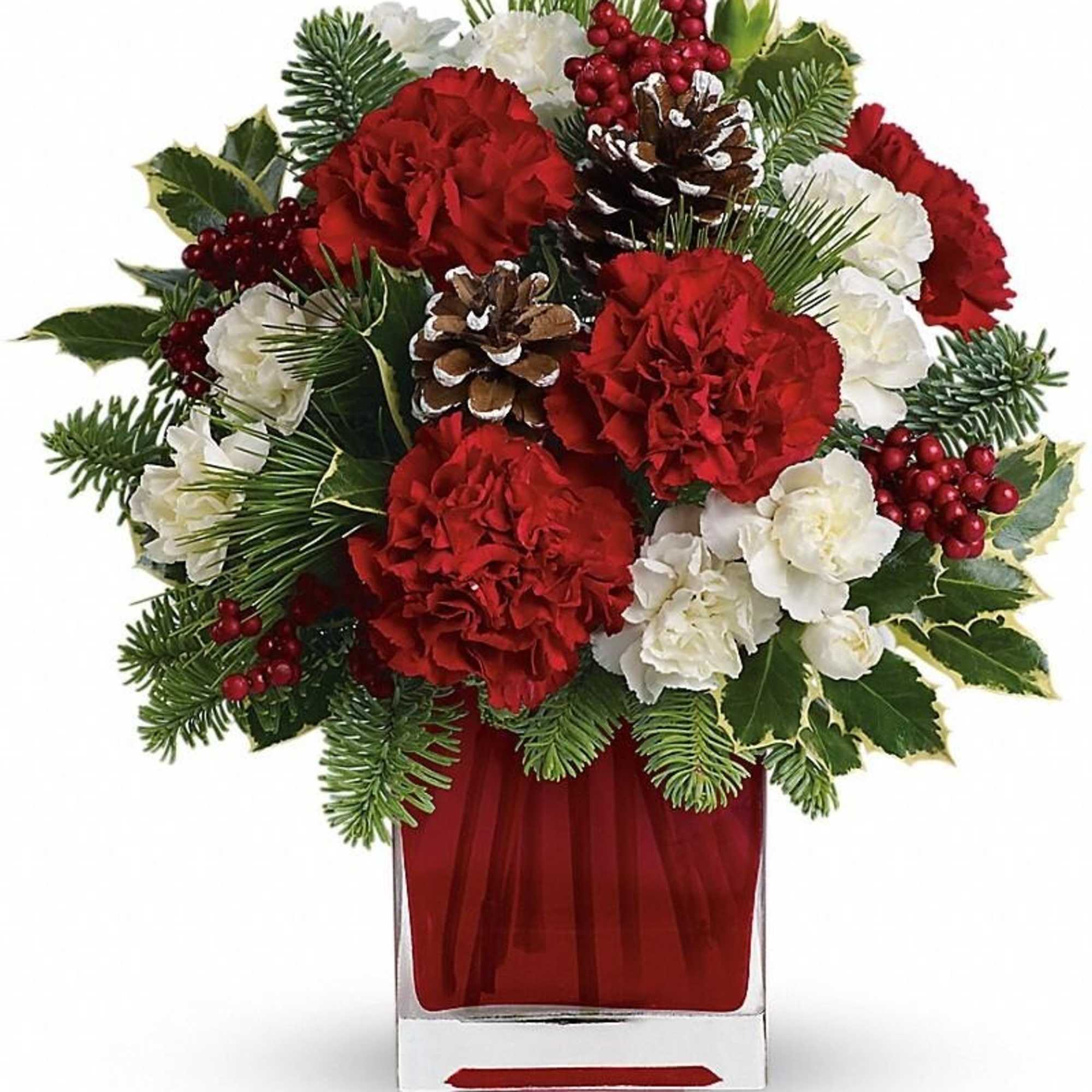 Red and white carnations with pinecones and red berries in a red glass cube vase