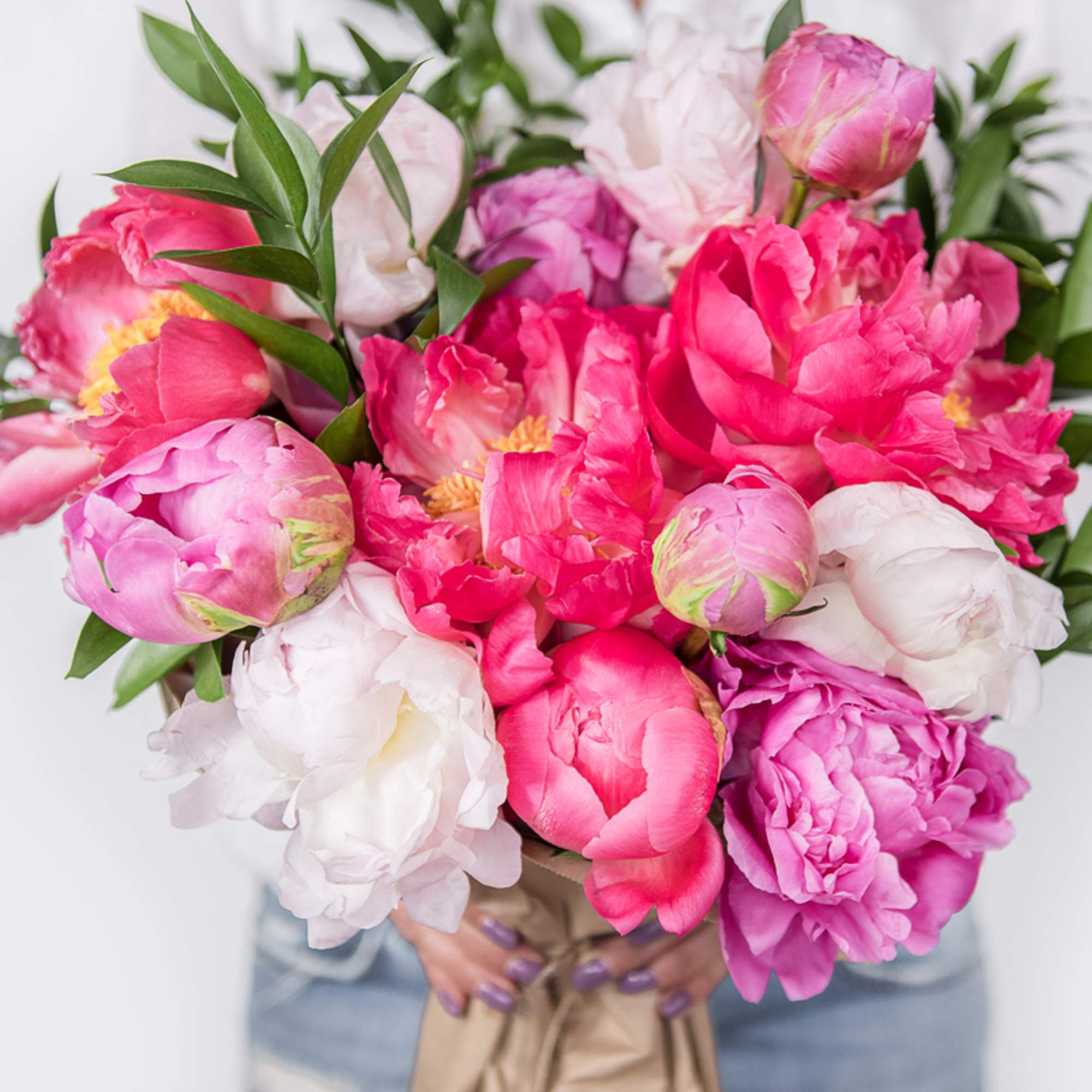 Handheld bouquet of pink and white peonies with green foliage