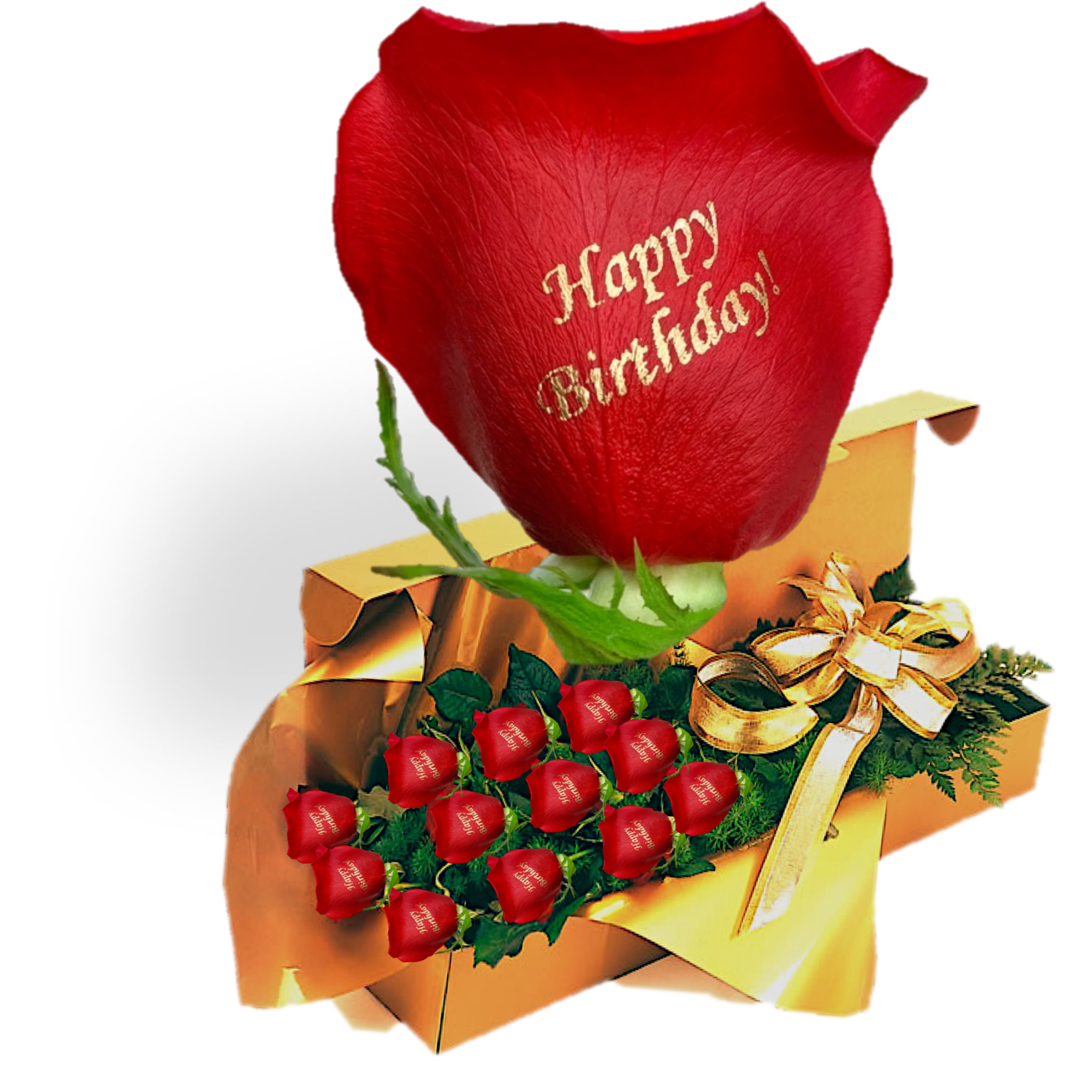 Red rose bouquet in a gold gift box with a birthday rose topper
