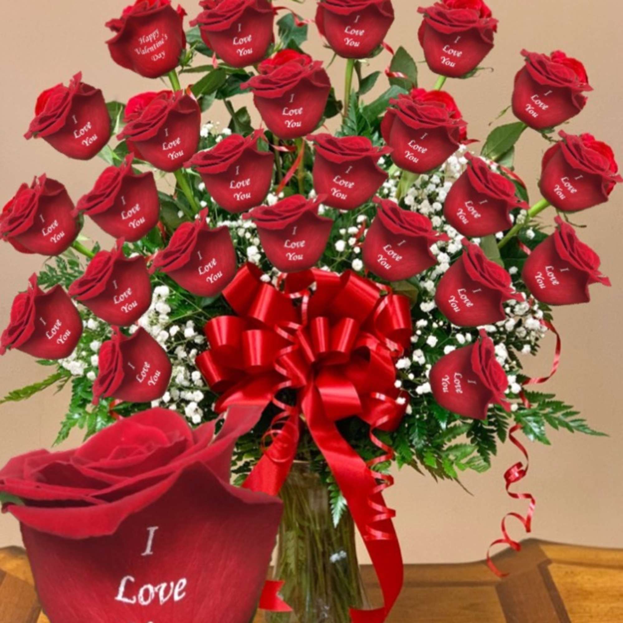 Bouquet of red roses with a red ribbon in a glass vase