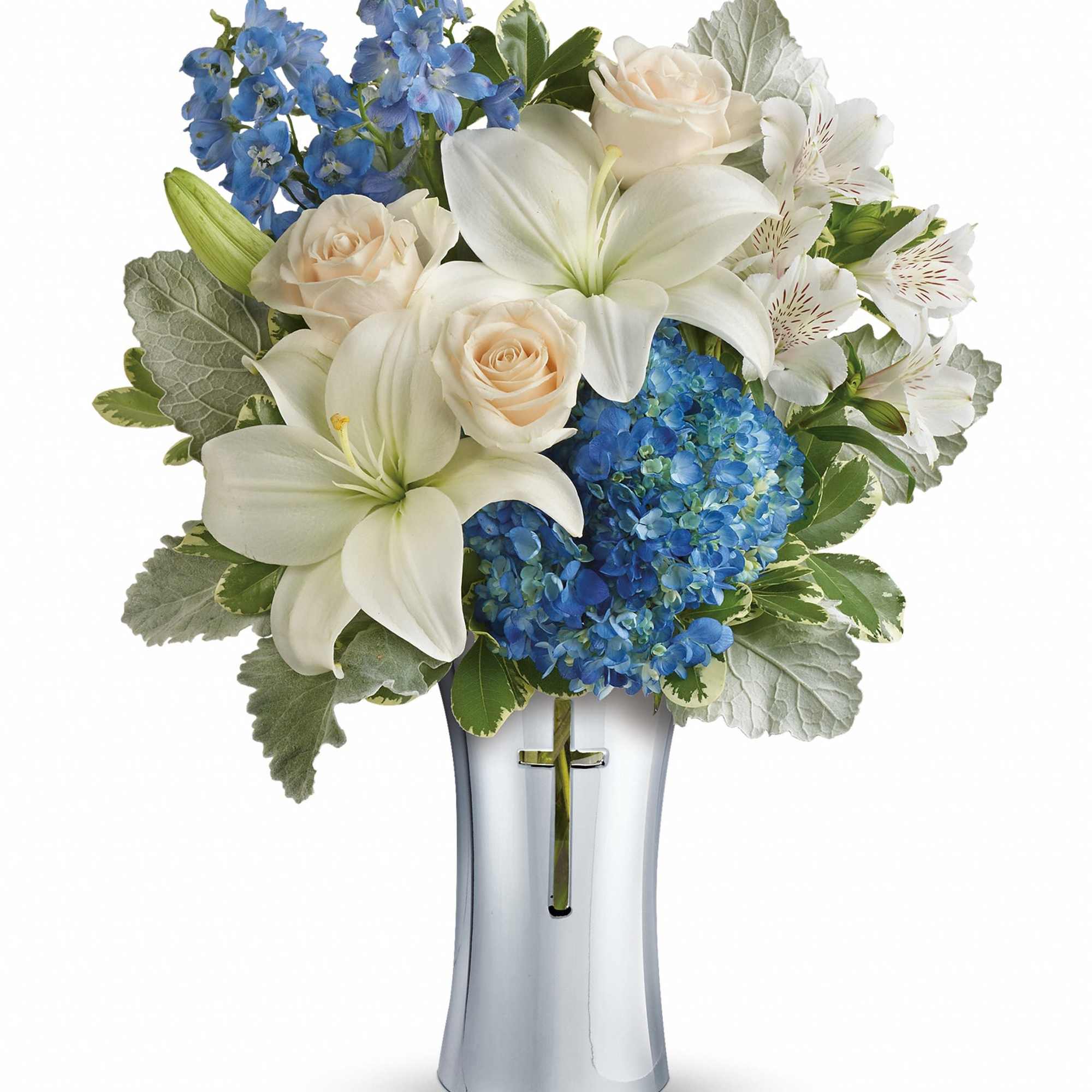 Blue and white floral arrangement in a silver vase