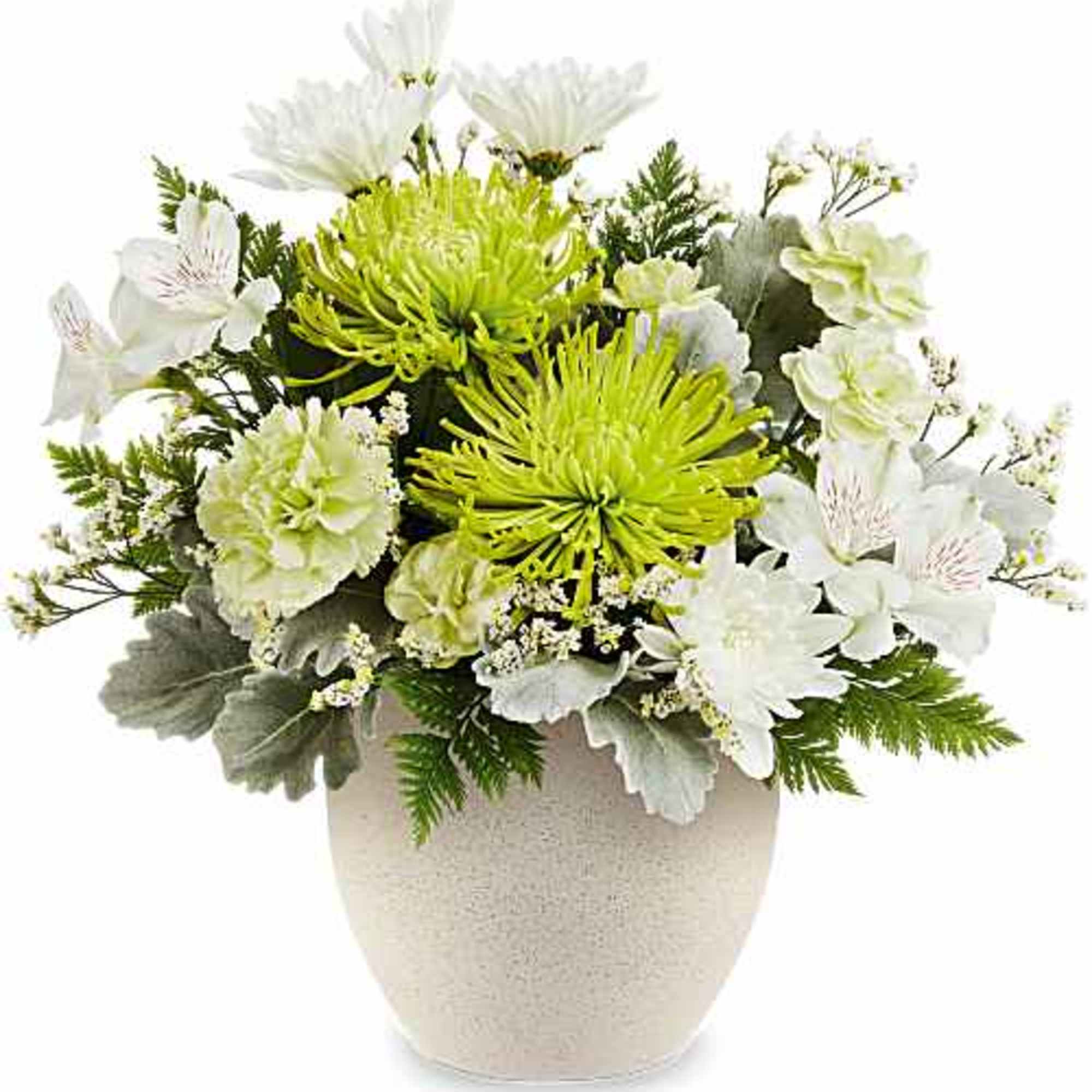 Bursting with fresh white and green blooms, a Peaceful Petals Bouquet is