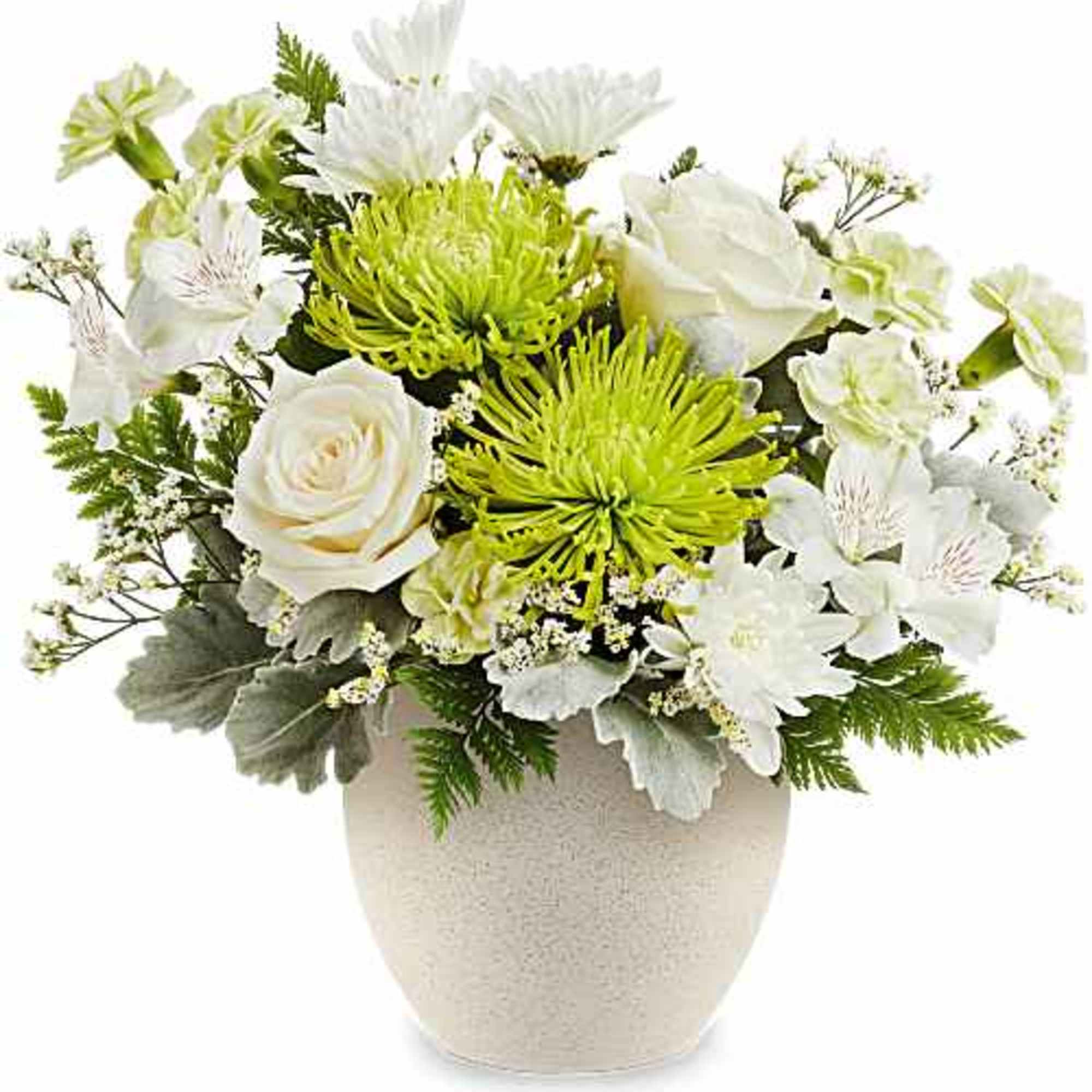 Bursting with fresh white and green blooms, a Peaceful Petals Bouquet is