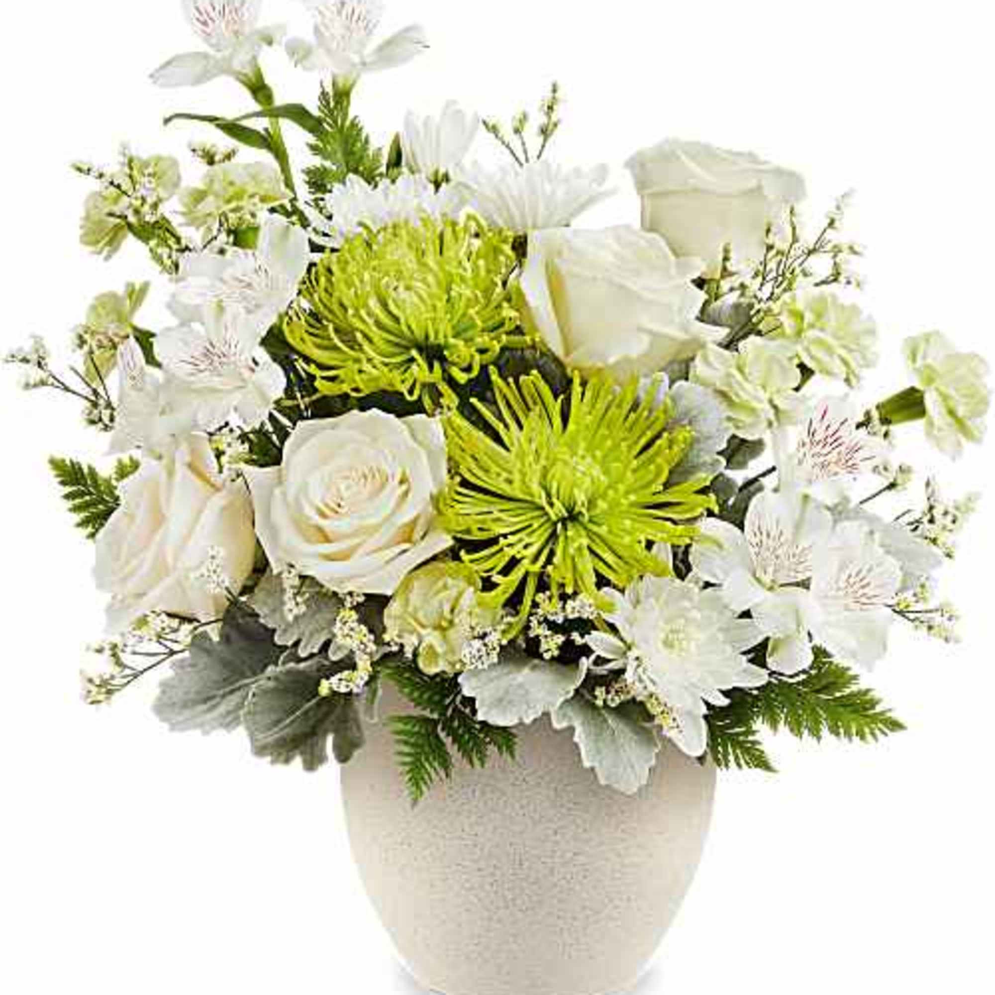 Bursting with fresh white and green blooms, a Peaceful Petals Bouquet is