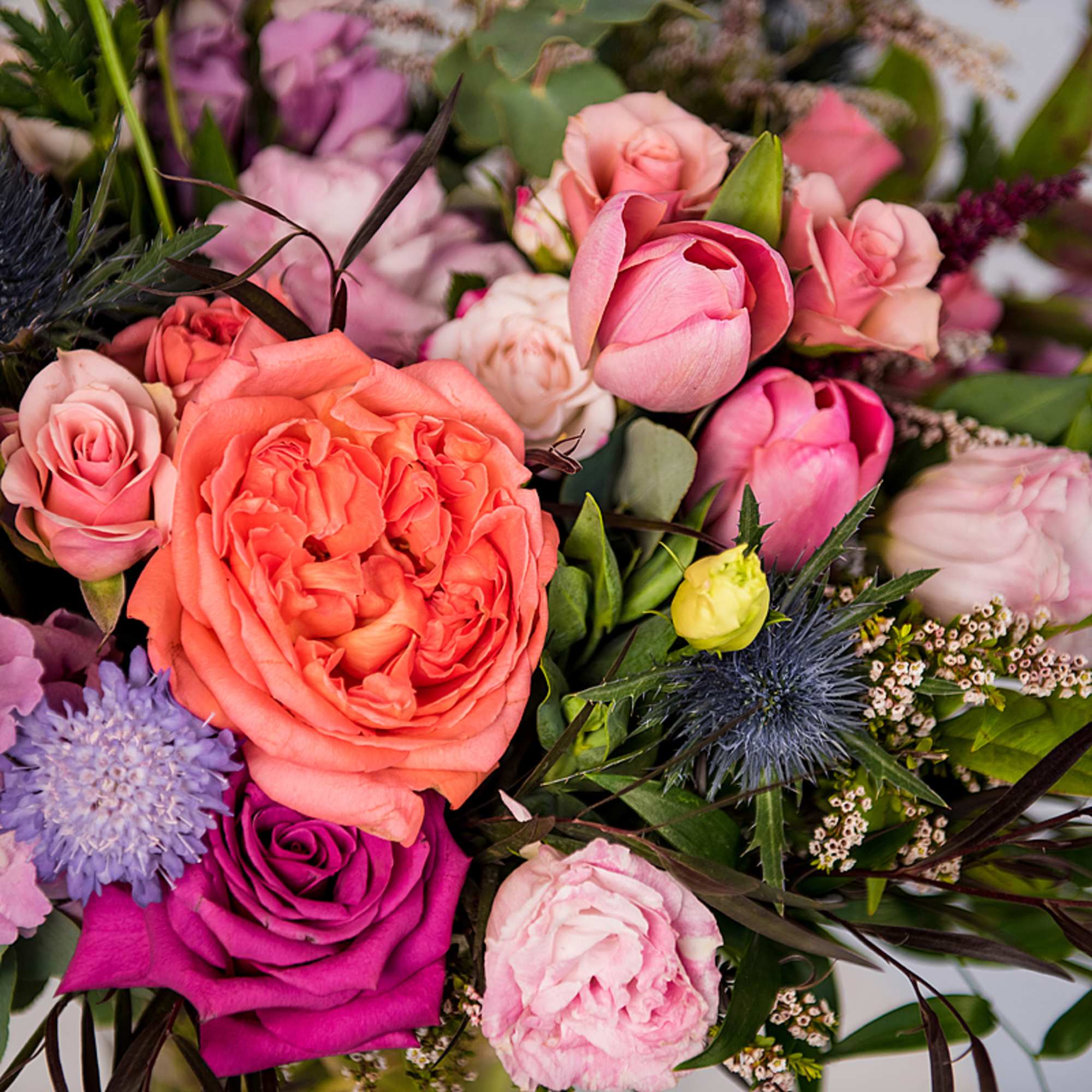 Colorful bouquet of coral, pink, and purple roses with small accent blooms.