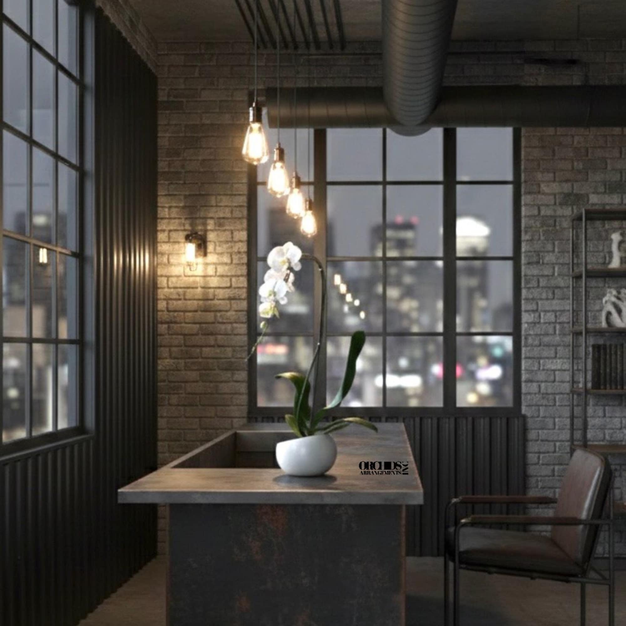 White orchid in a white pot on a table in a modern room