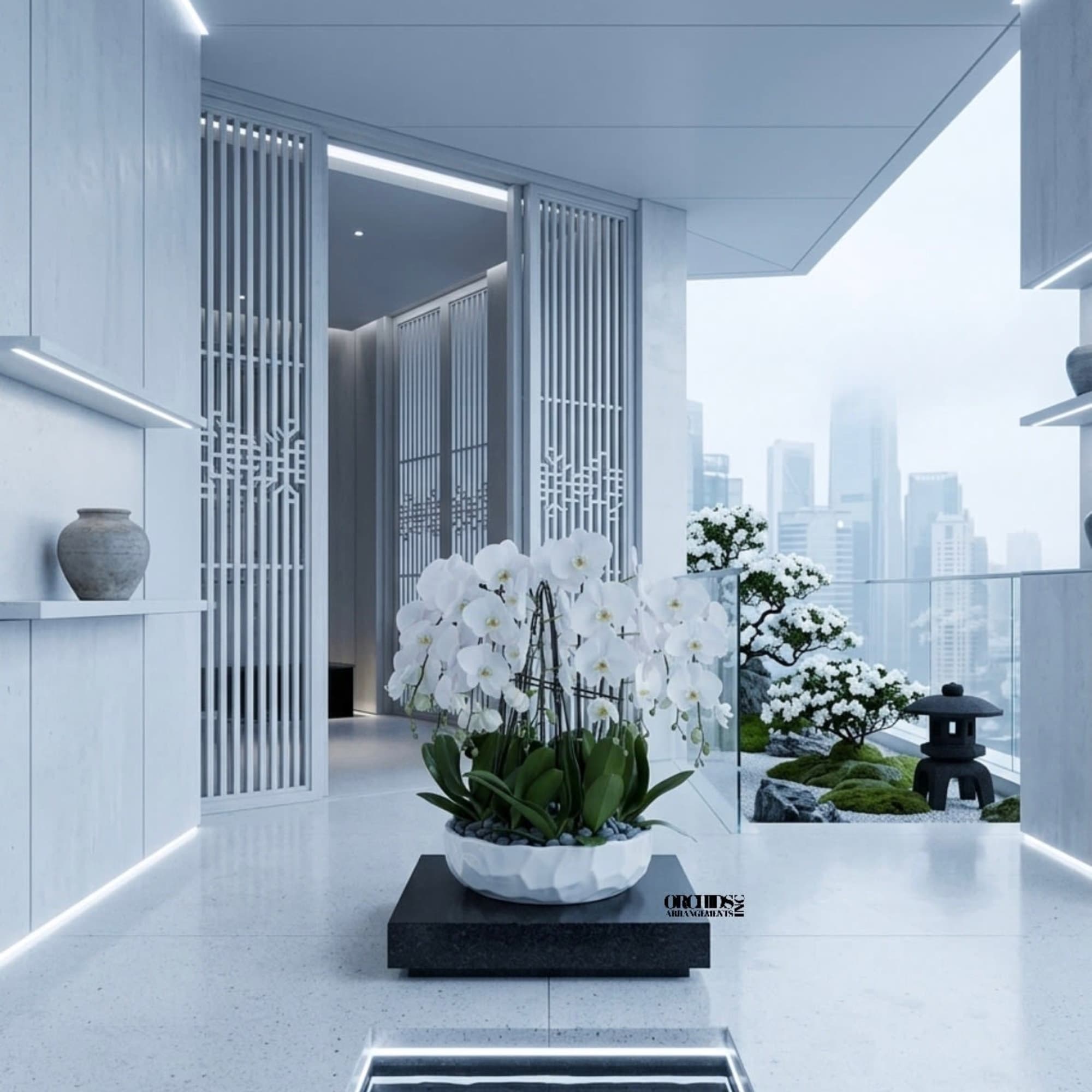 This elegant Twelve White Phalaenopsis Cascade orchid arrangement creates a striking vertical