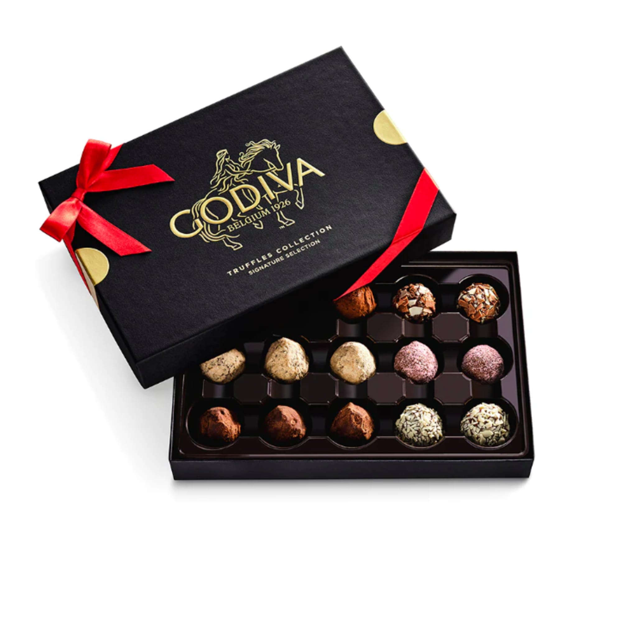 Open black gift box of assorted chocolate truffles with gold logo lid and red ribbon.