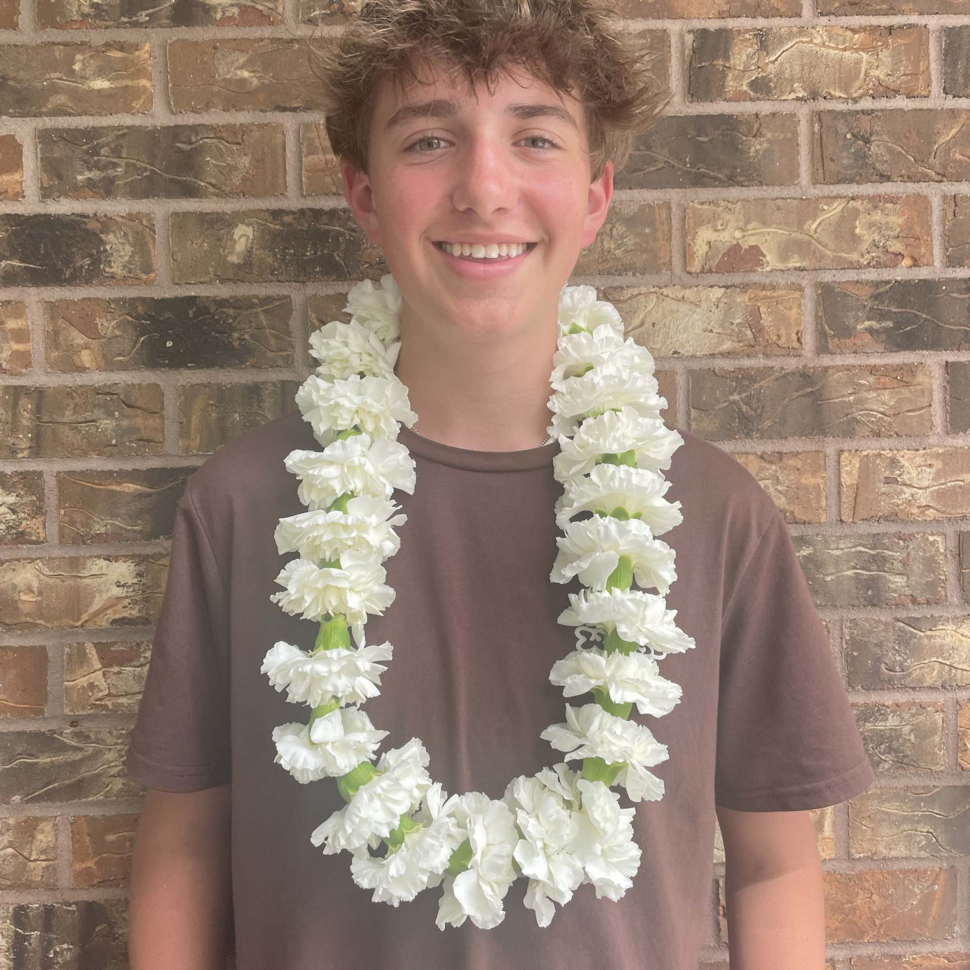 Person wearing a white flower lei over a brown shirt