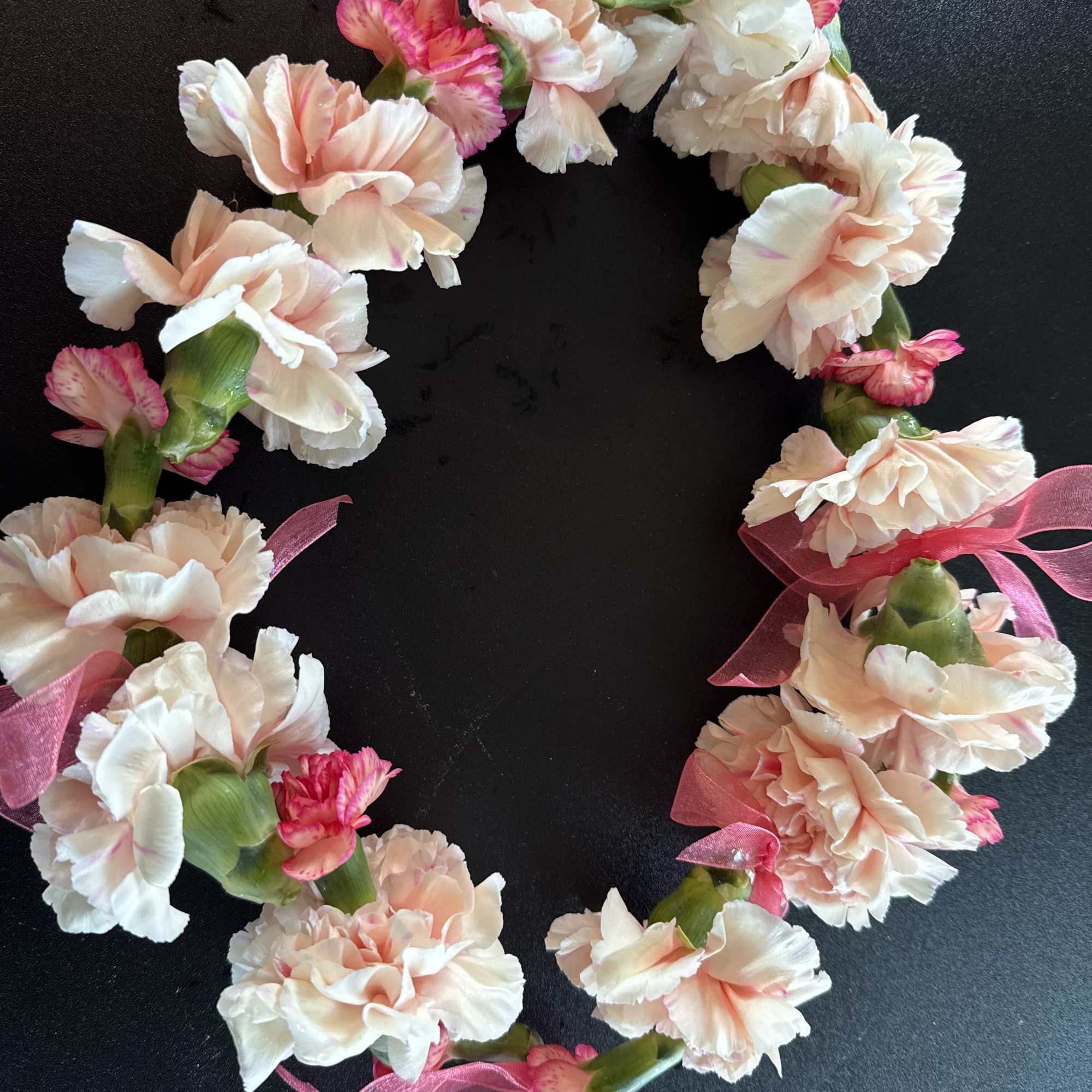 Pink and white carnation flower crown with ribbon ties on a dark background
