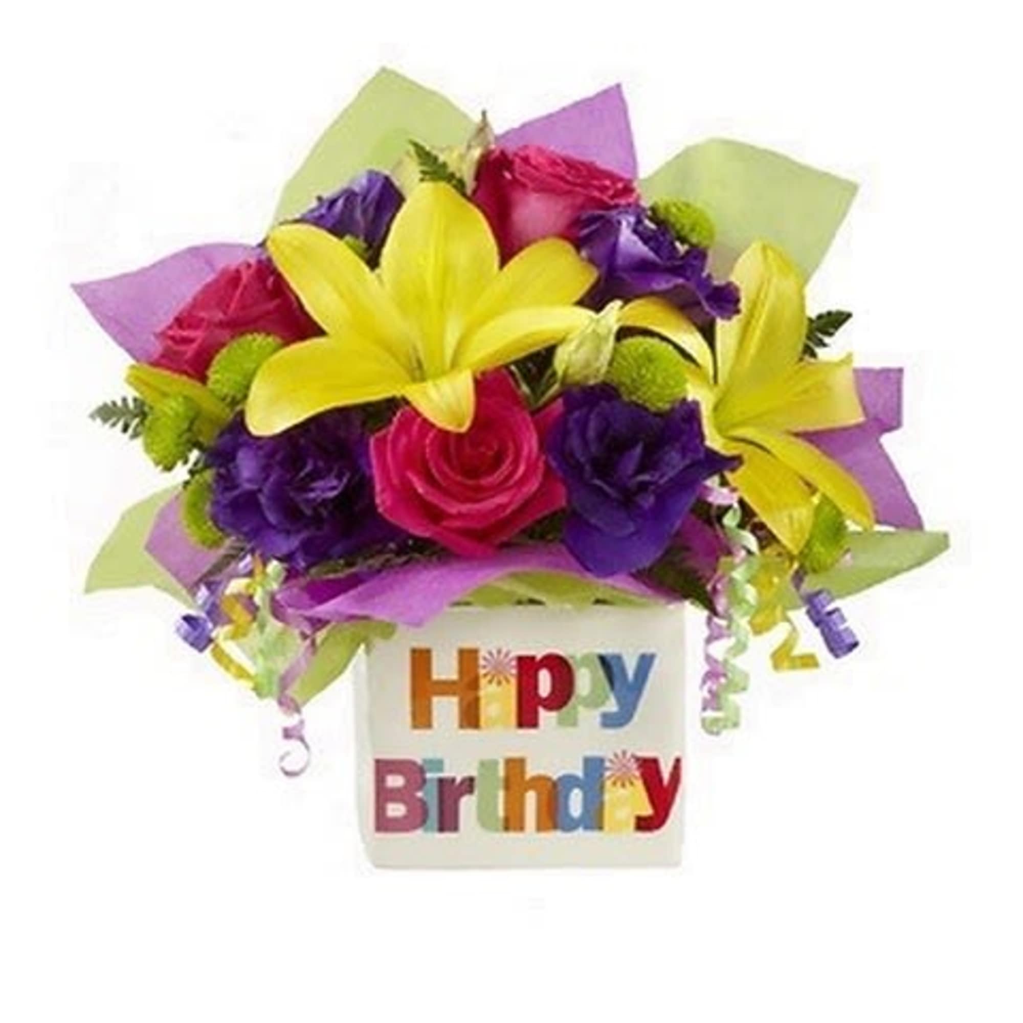 The Happy Birthday Bouquet employs roses, lisianthus and Asiatic lilies to pop