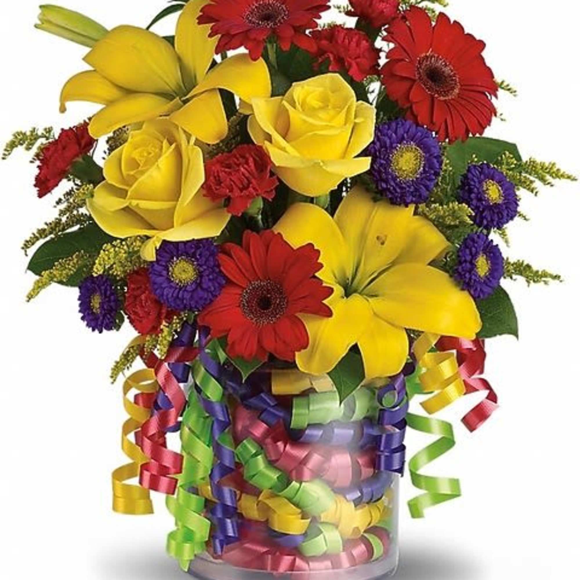 Say "Happy Birthday" with flowers! Festive ribbons decorate the refillable vase of