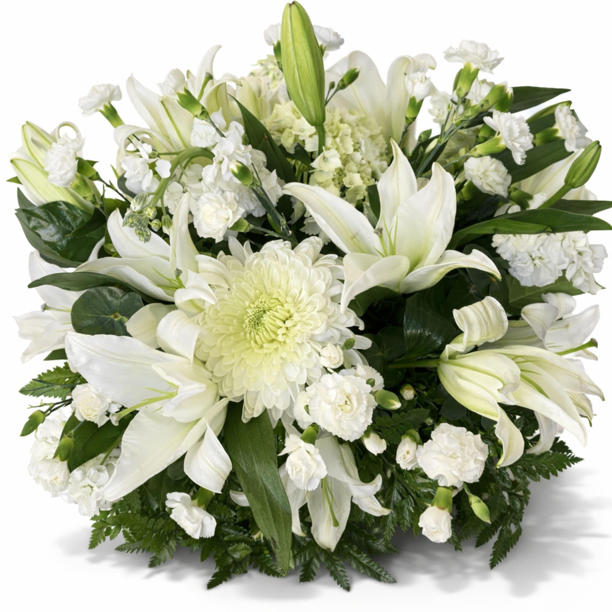 Elegant, fresh, and full of peaceful beauty, this all-white arrangement features stunning