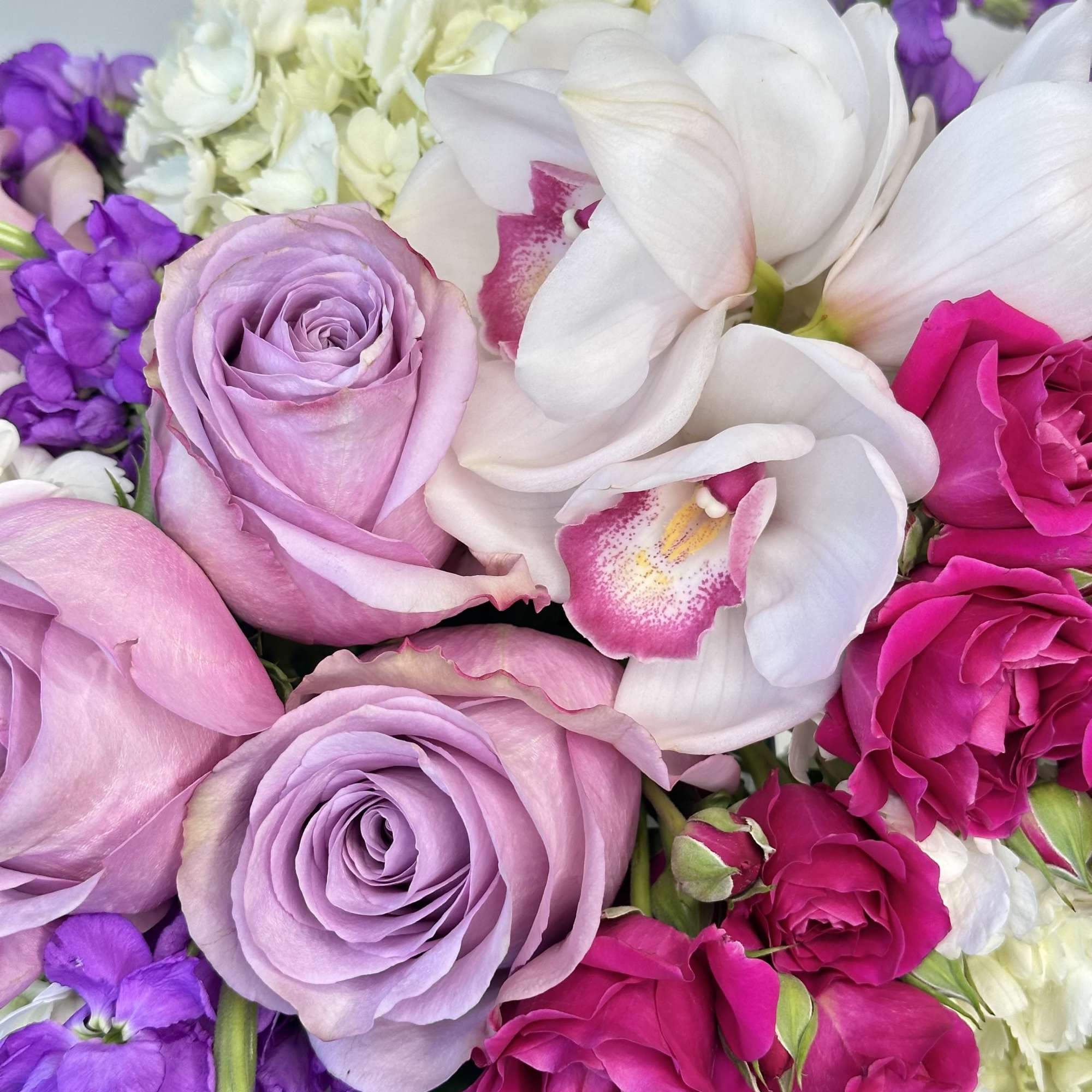 Bouquet of lavender roses, white orchids, and purple flowers