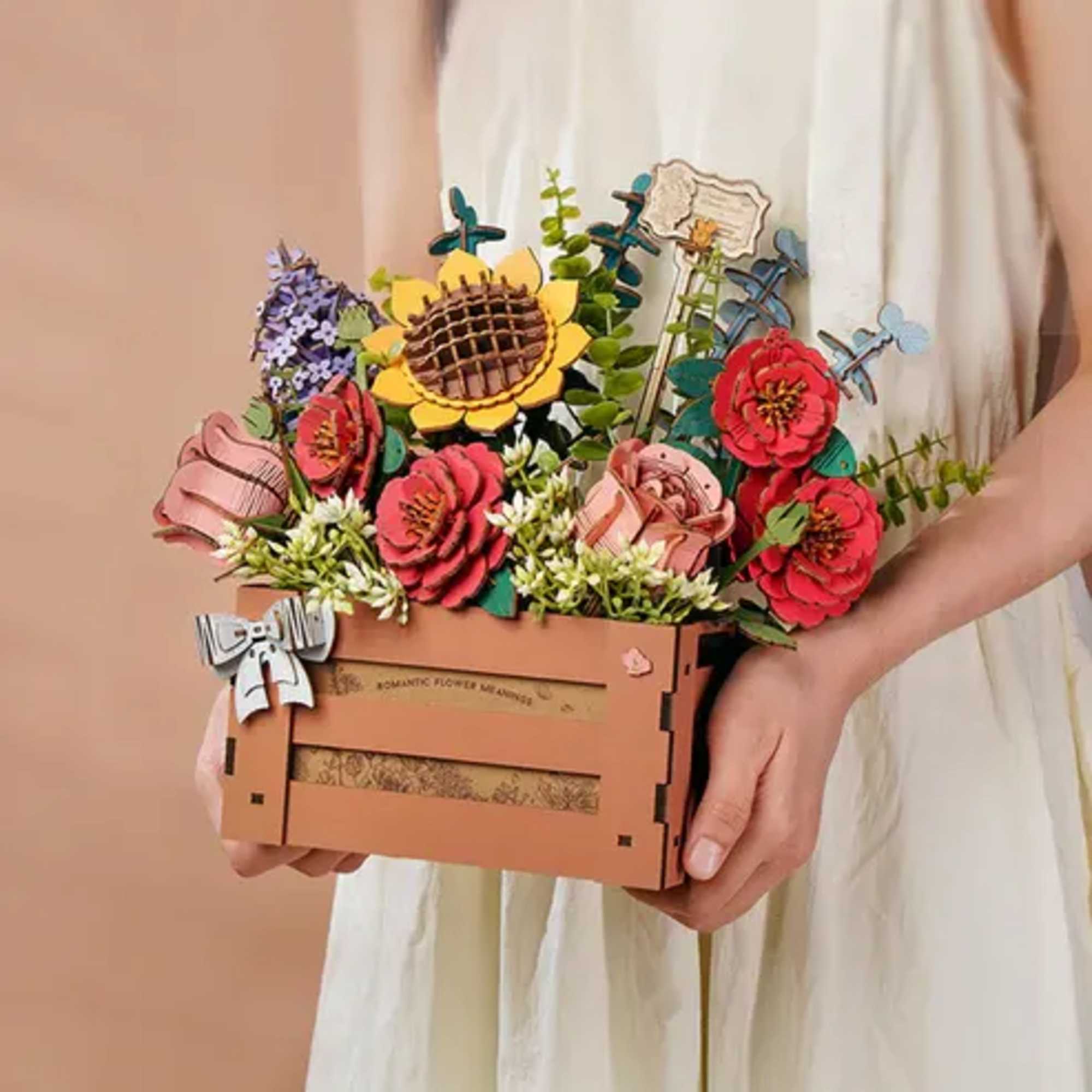This exquisite 3D wooden puzzle features a stunning bouquet of laser-cut flowers