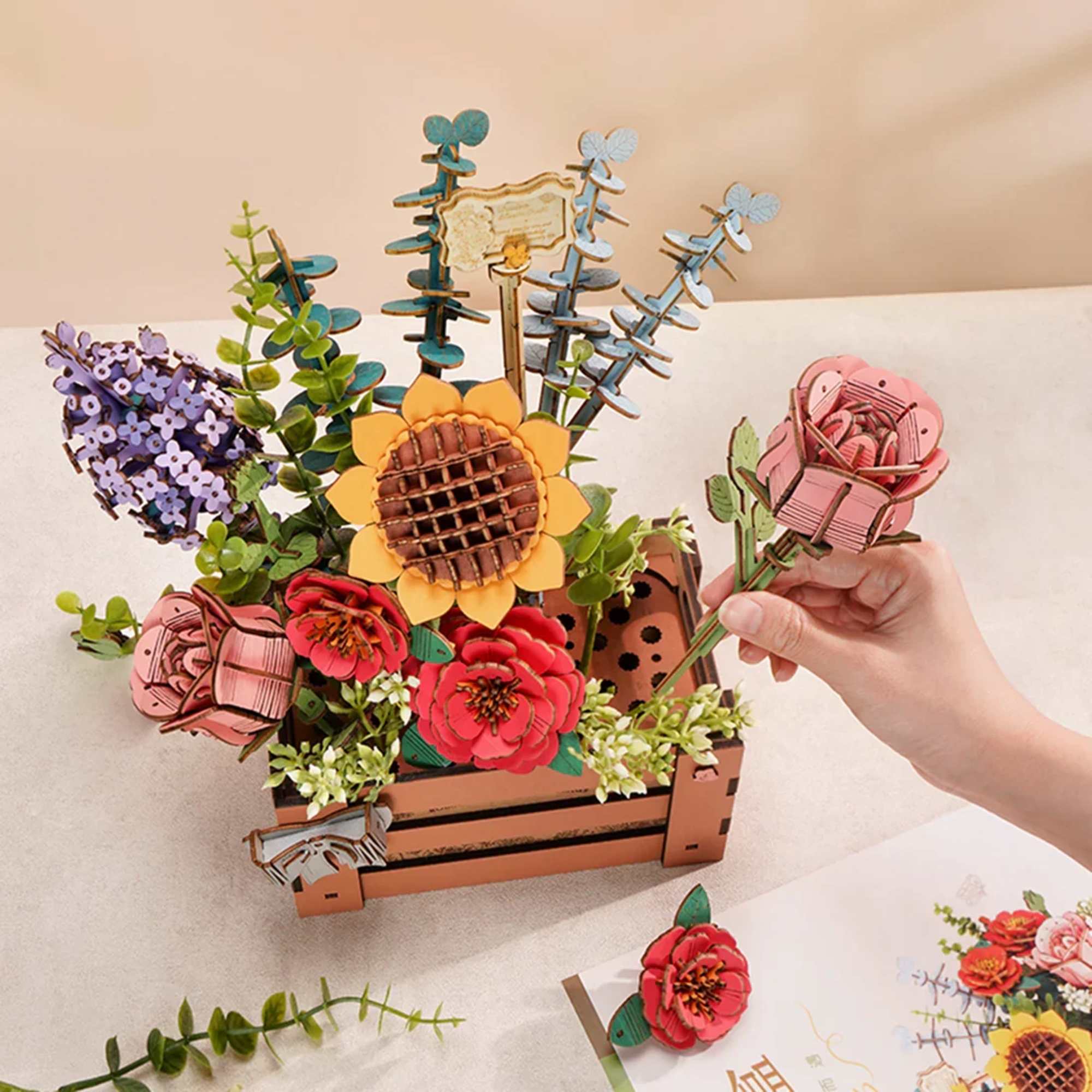 This exquisite 3D wooden puzzle features a stunning bouquet of laser-cut flowers
