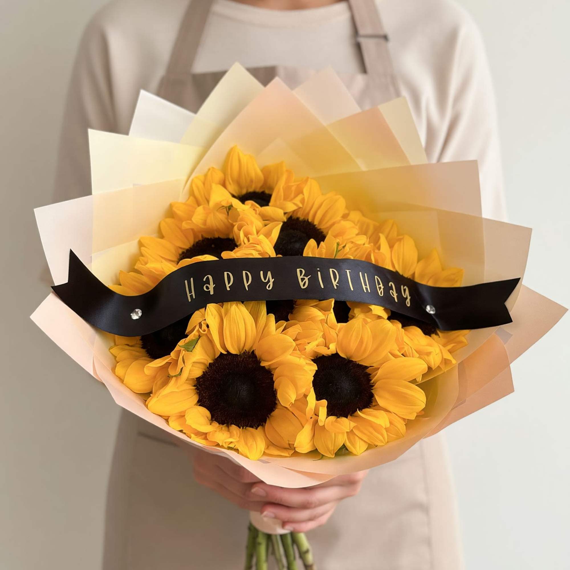 Customized sunflower bouquet with personalized ribbon