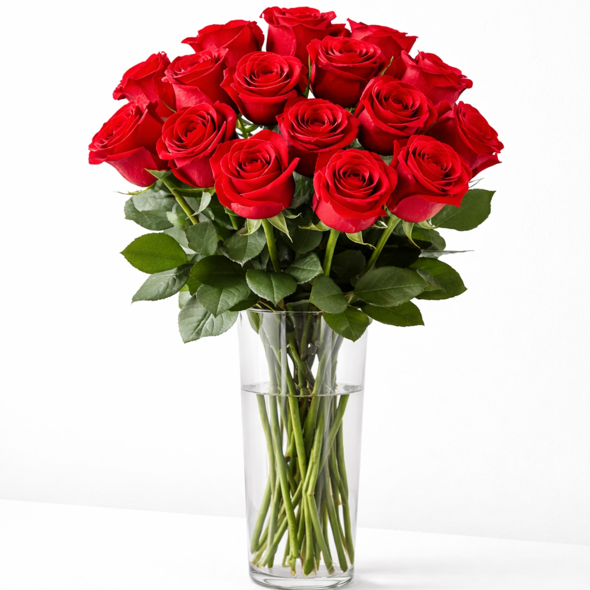 Classic long-stem red roses beautifully arranged in a sleek clear glass vase