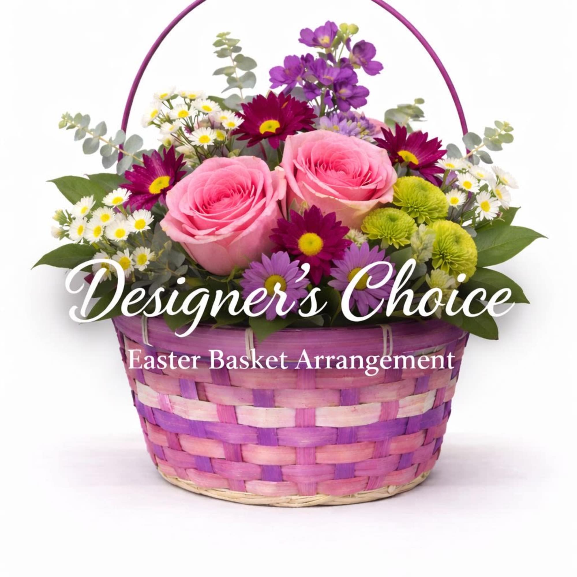 Pink roses and mixed daisies in a purple woven basket