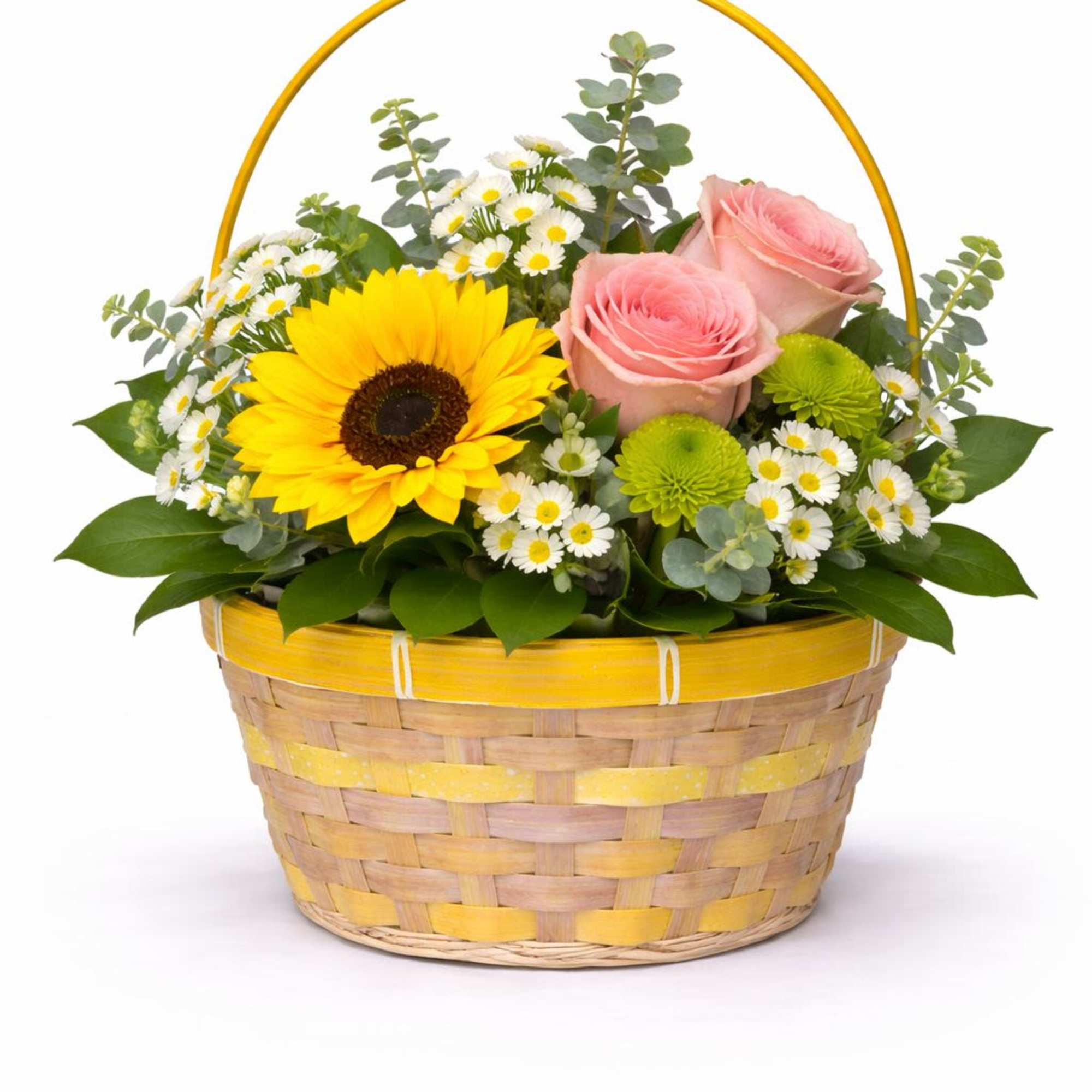 Basket arrangement with pink roses, a sunflower, and white daisies