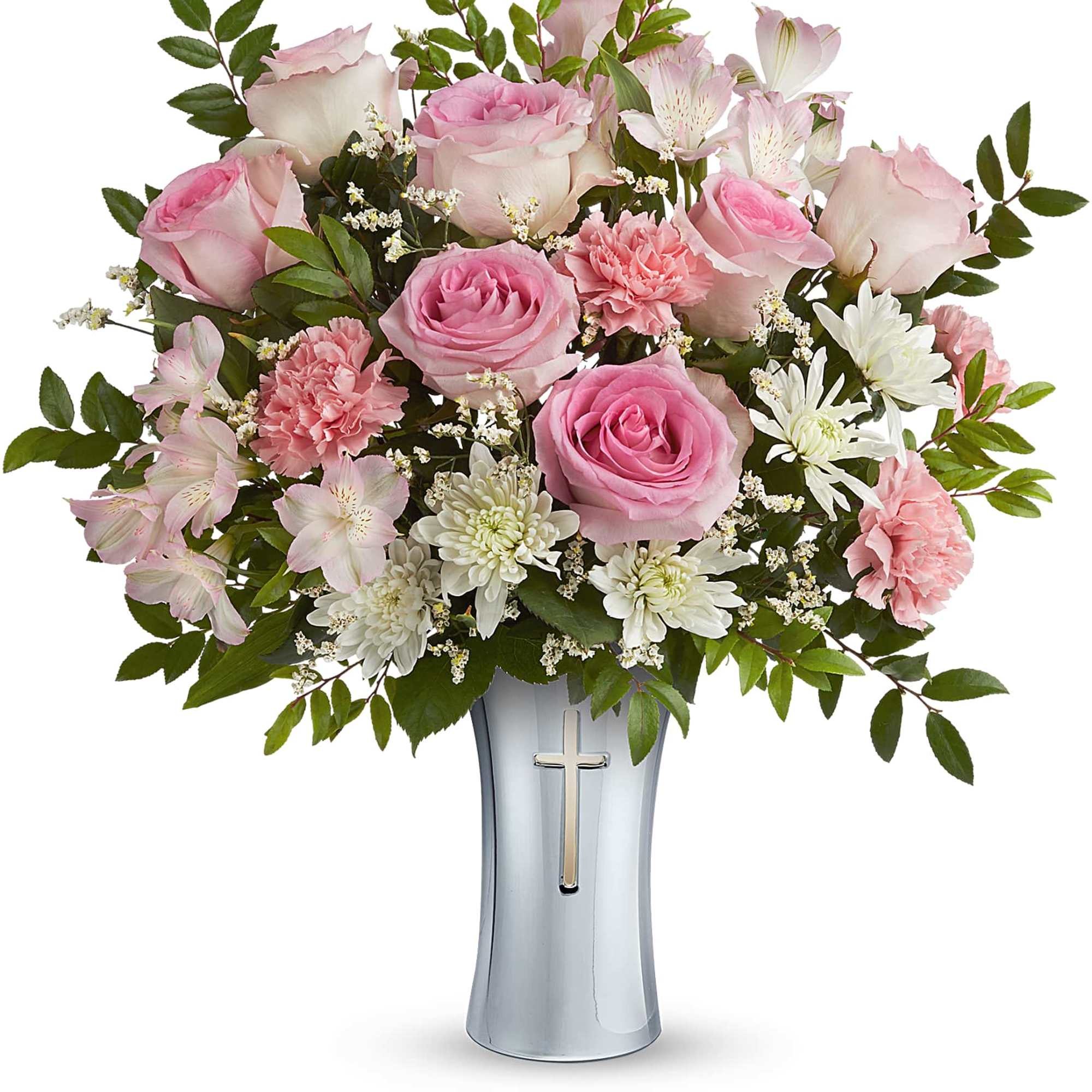 Pink roses and white flowers in a silver vase with a cross