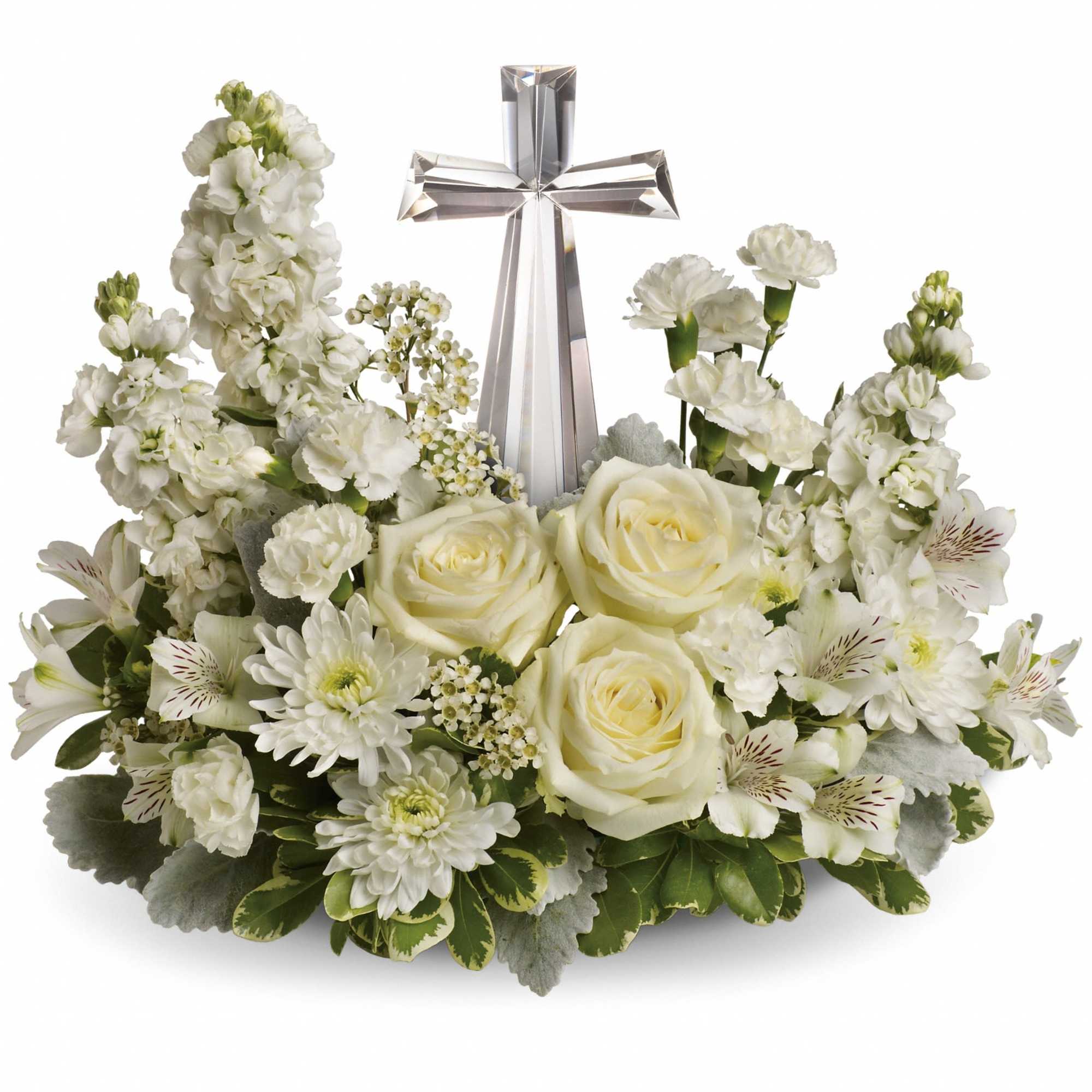 White floral arrangement with a silver cross centerpiece