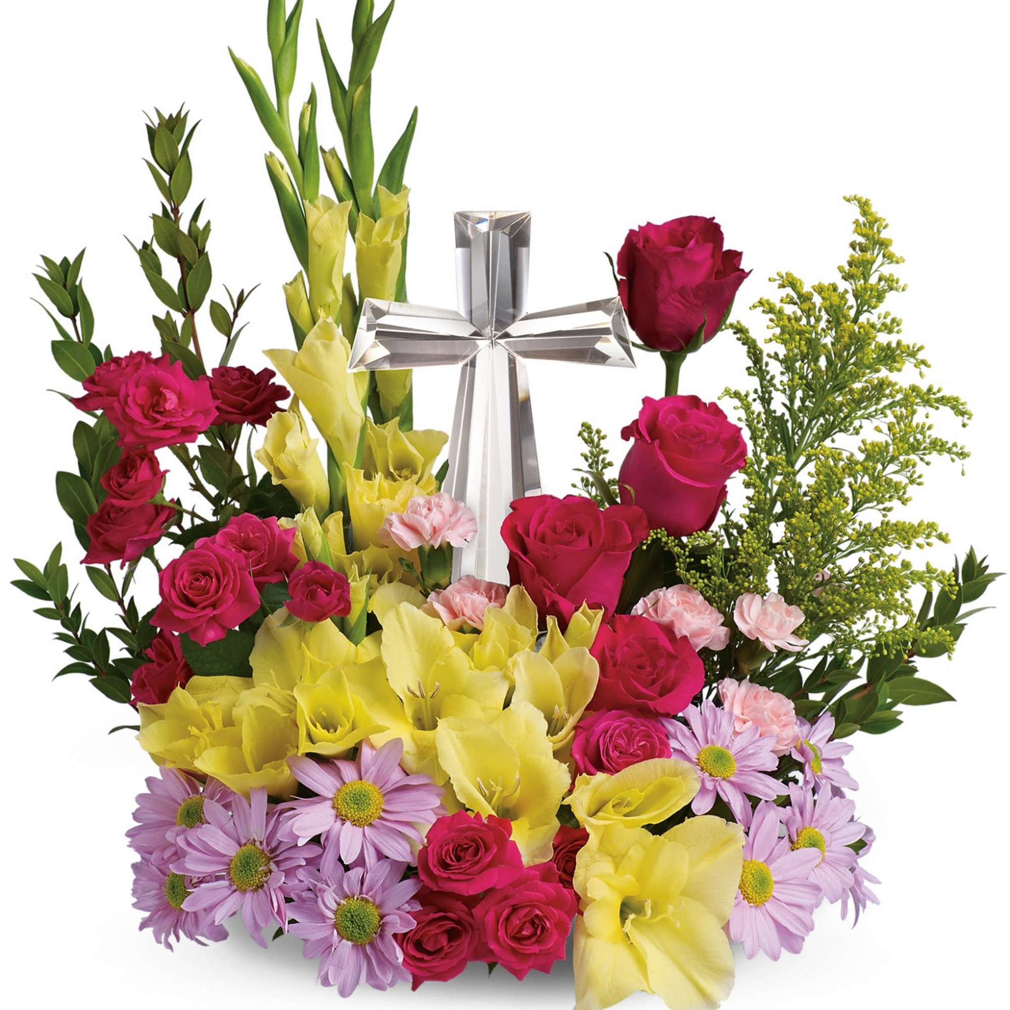 Floral arrangement with roses, yellow gladiolus, and purple daisies around a silver cross