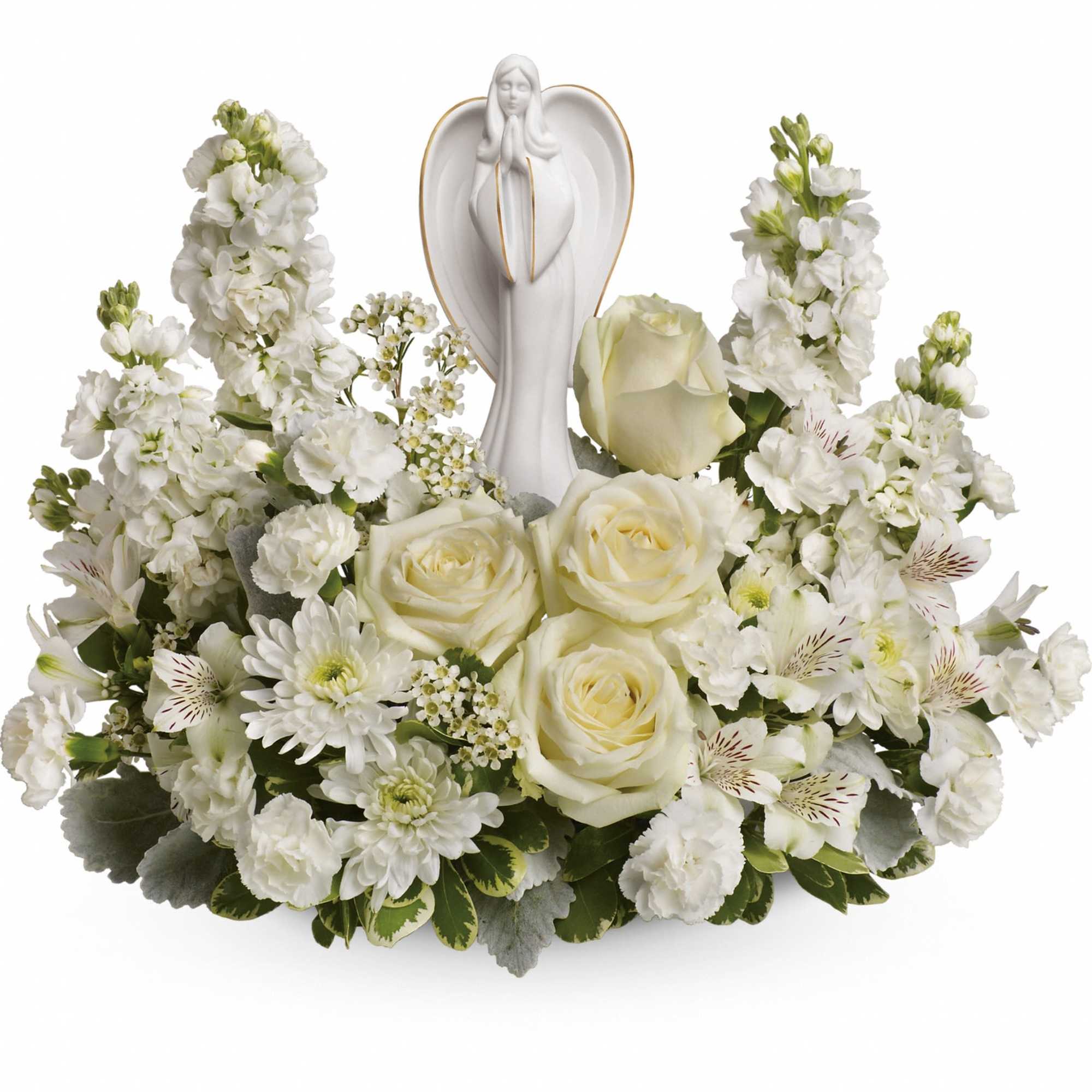 White floral arrangement with a praying angel figurine in the center